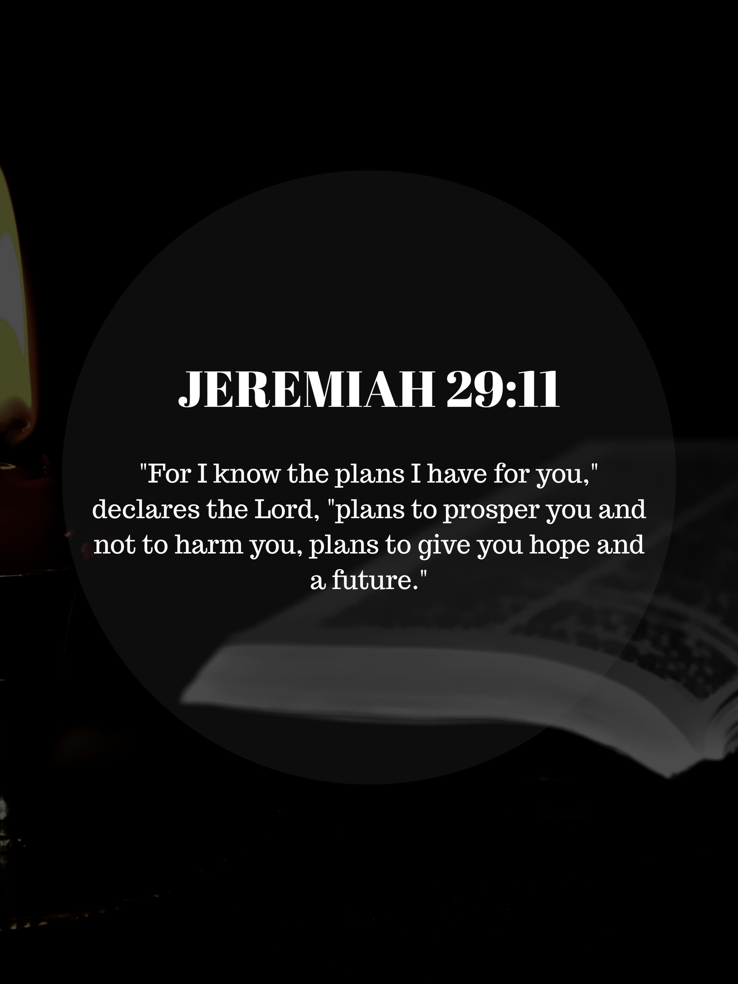 Bible verse Jeremiah 29:11 displayed in white text on a dark background with inspirational message.