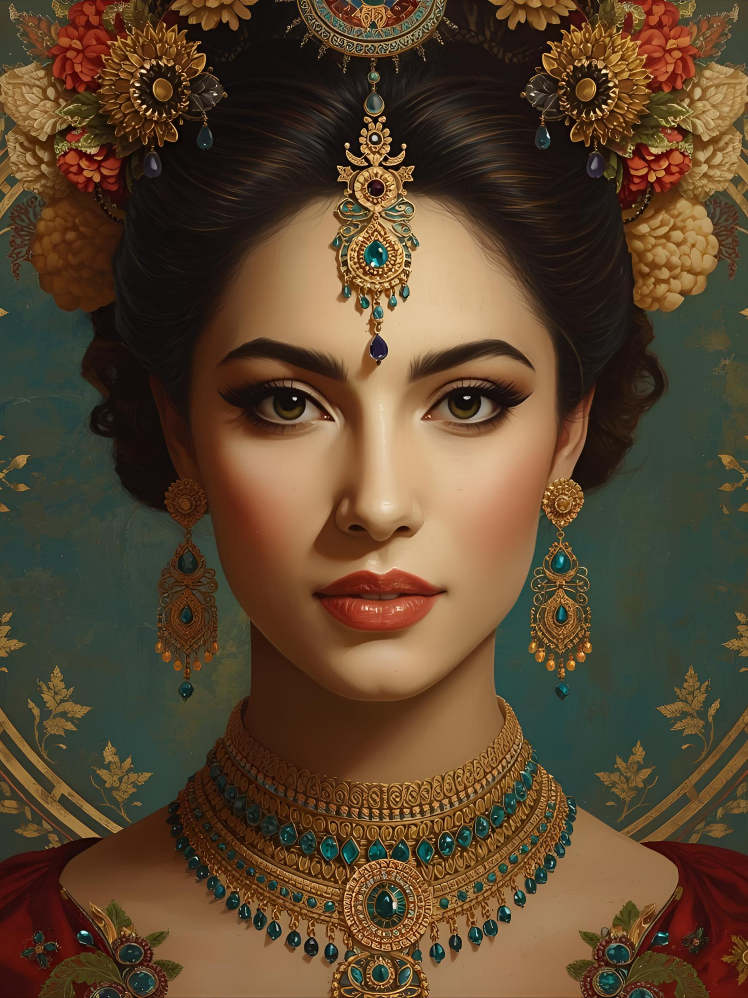 Ornate South Asian bridal portrait with turquoise and gold jewelry against a teal damask background.