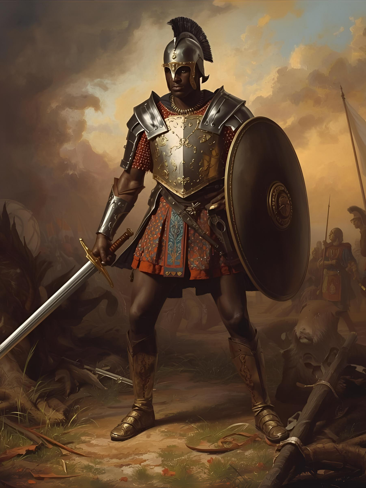 Ancient warrior in ornate armor stands battle-ready with sword and shield against a dramatic sunset battlefield scene.