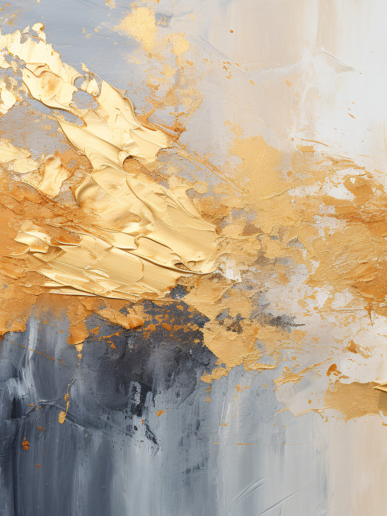 Abstract painting with textured gold and metallic tones contrasting against moody blue-grey colors in modern style.