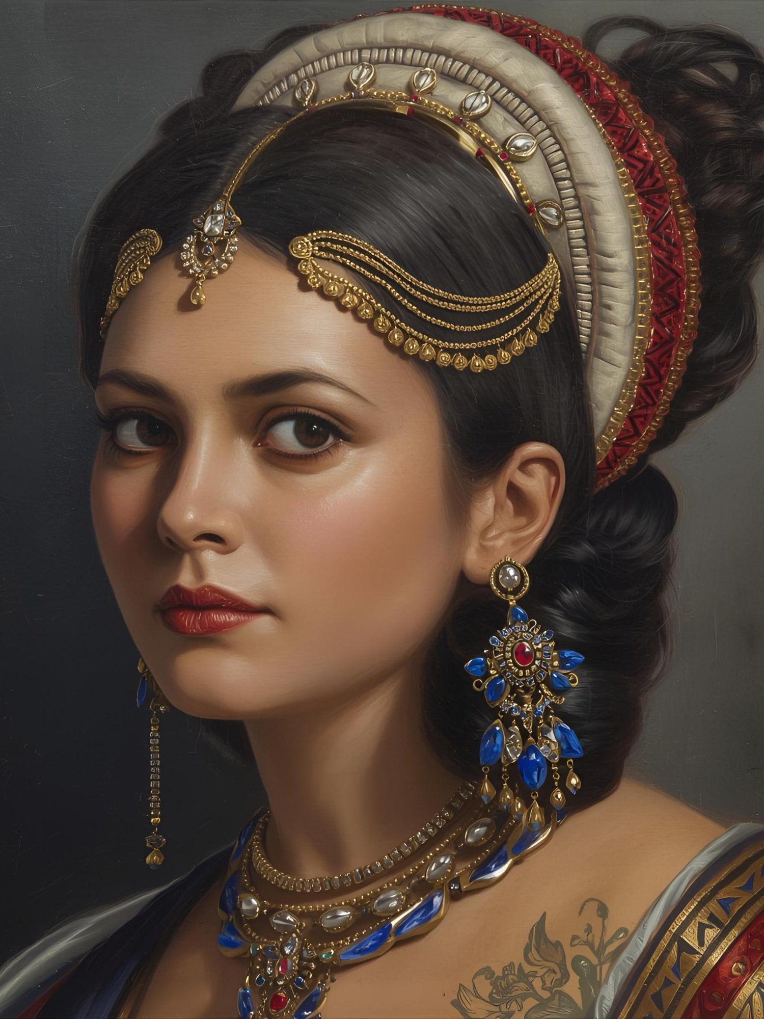 Portrait of an ornately adorned figure wearing traditional Indian jewelry with gold and blue accents and a red headpiece.