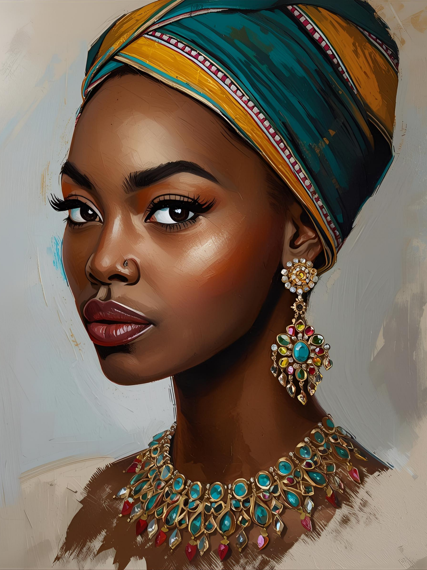 Digital art illustration of traditional African fashion featuring a headwrap, statement jewelry and rich teal colors.