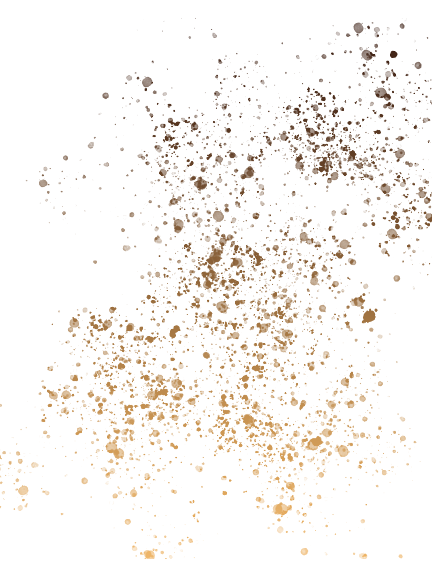 Brown and gold paint splatters create an abstract pattern on a white background.