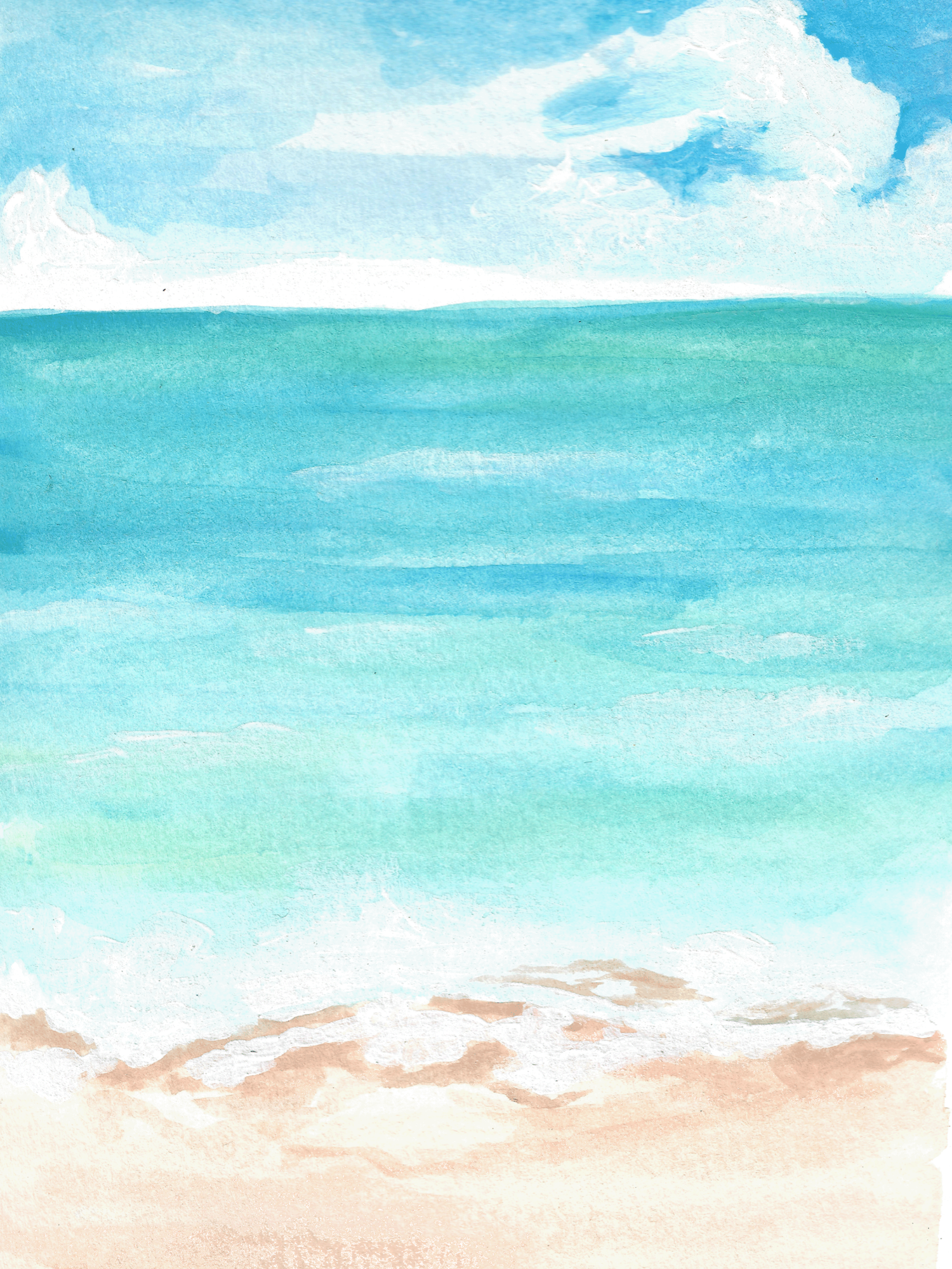 A serene watercolor painting of a beach scene with soft turquoise sky blending into sandy beige shoreline.