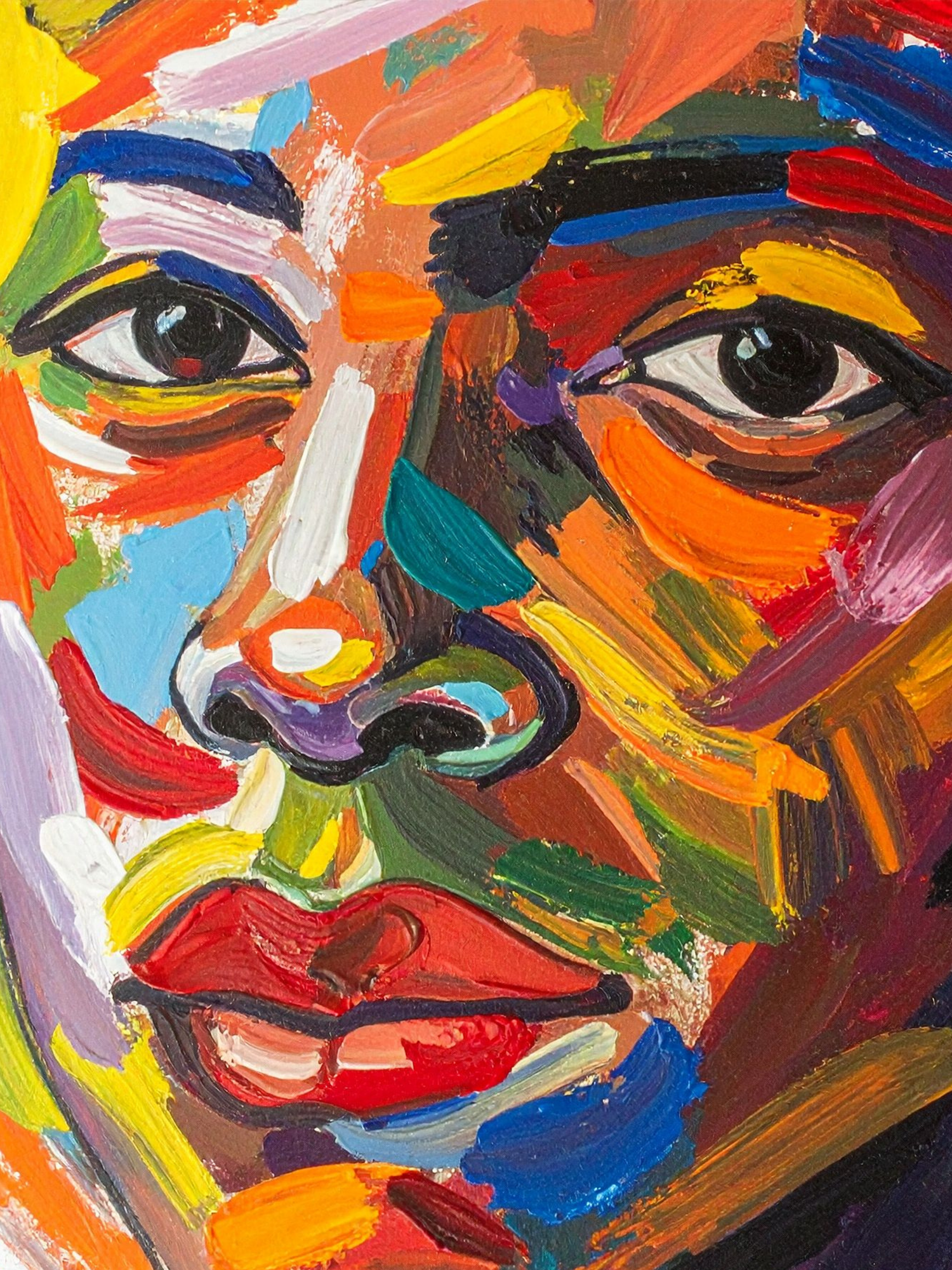 Abstract colorful portrait painting with bold brushstrokes featuring vibrant reds, yellows, blues and oranges in an expressive style.