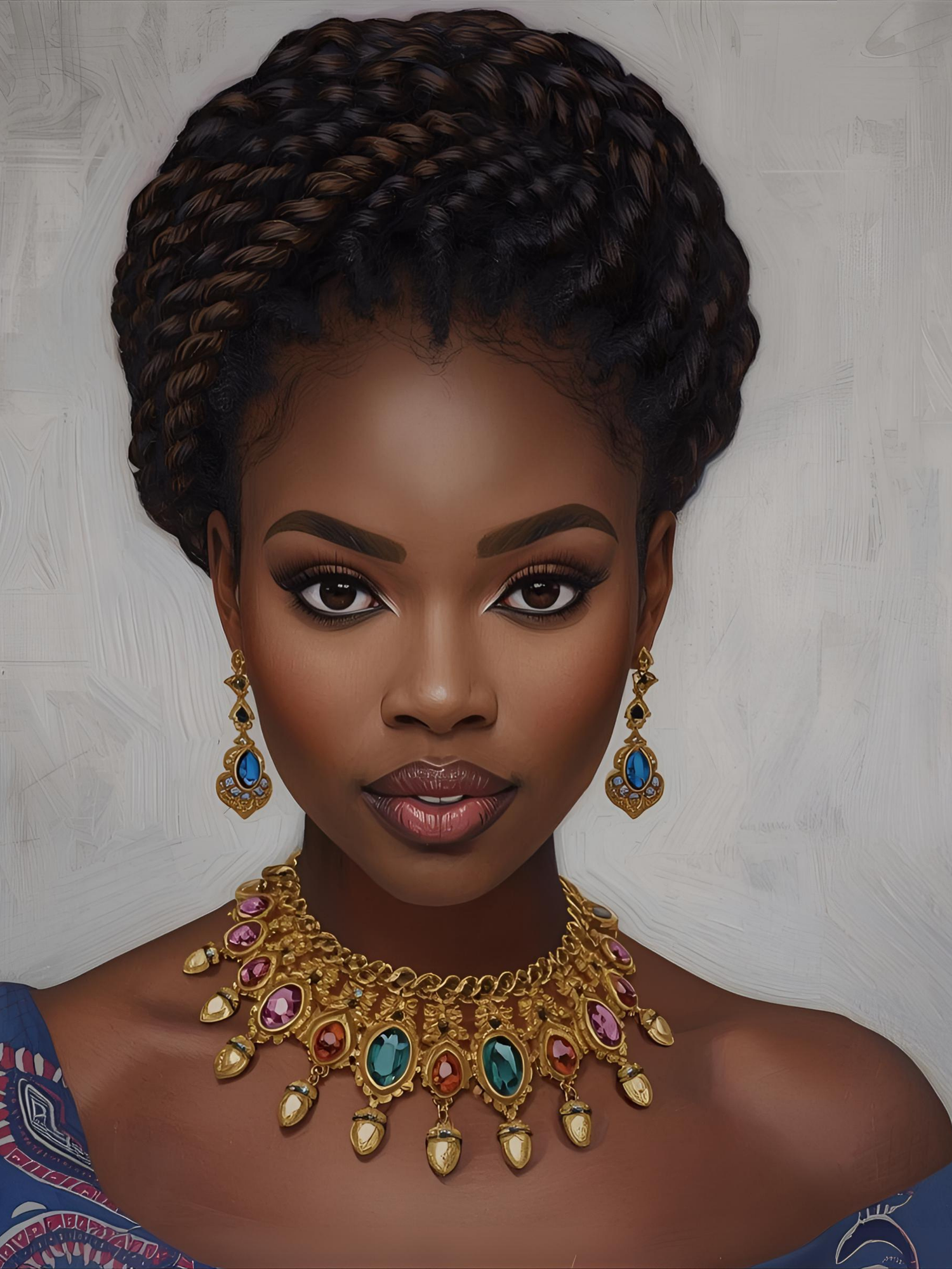 Elegant portrait series showcasing ornate gold jewelry with colorful gemstones against a textured grey background.