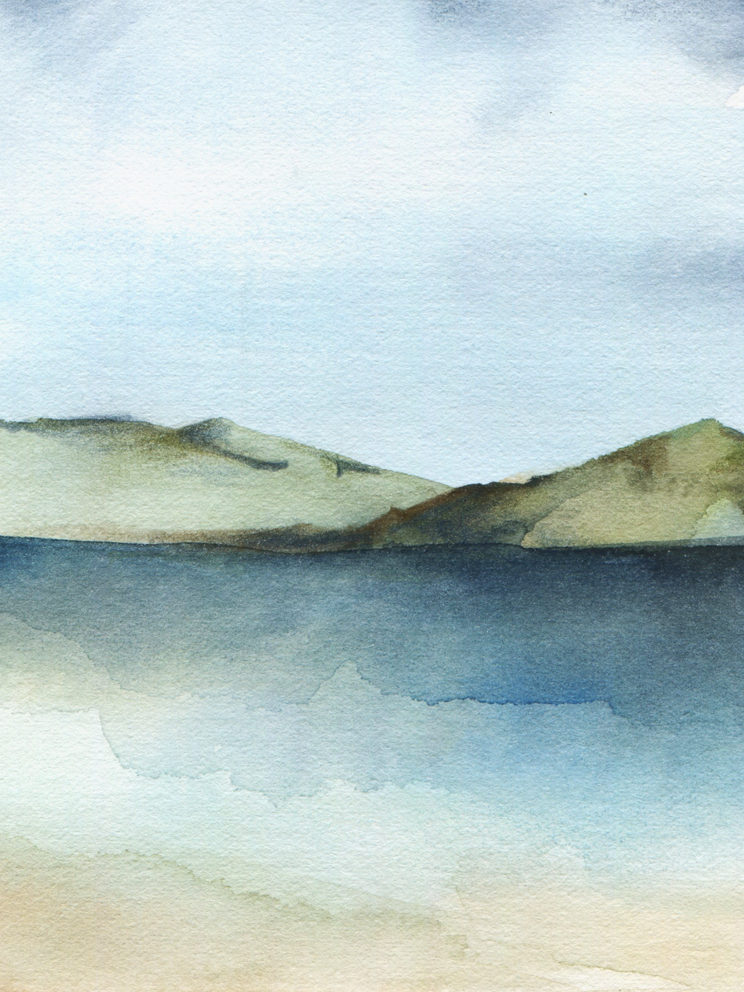 A minimalist watercolor landscape painting depicts rolling green hills meeting calm blue water under a cloudy sky.