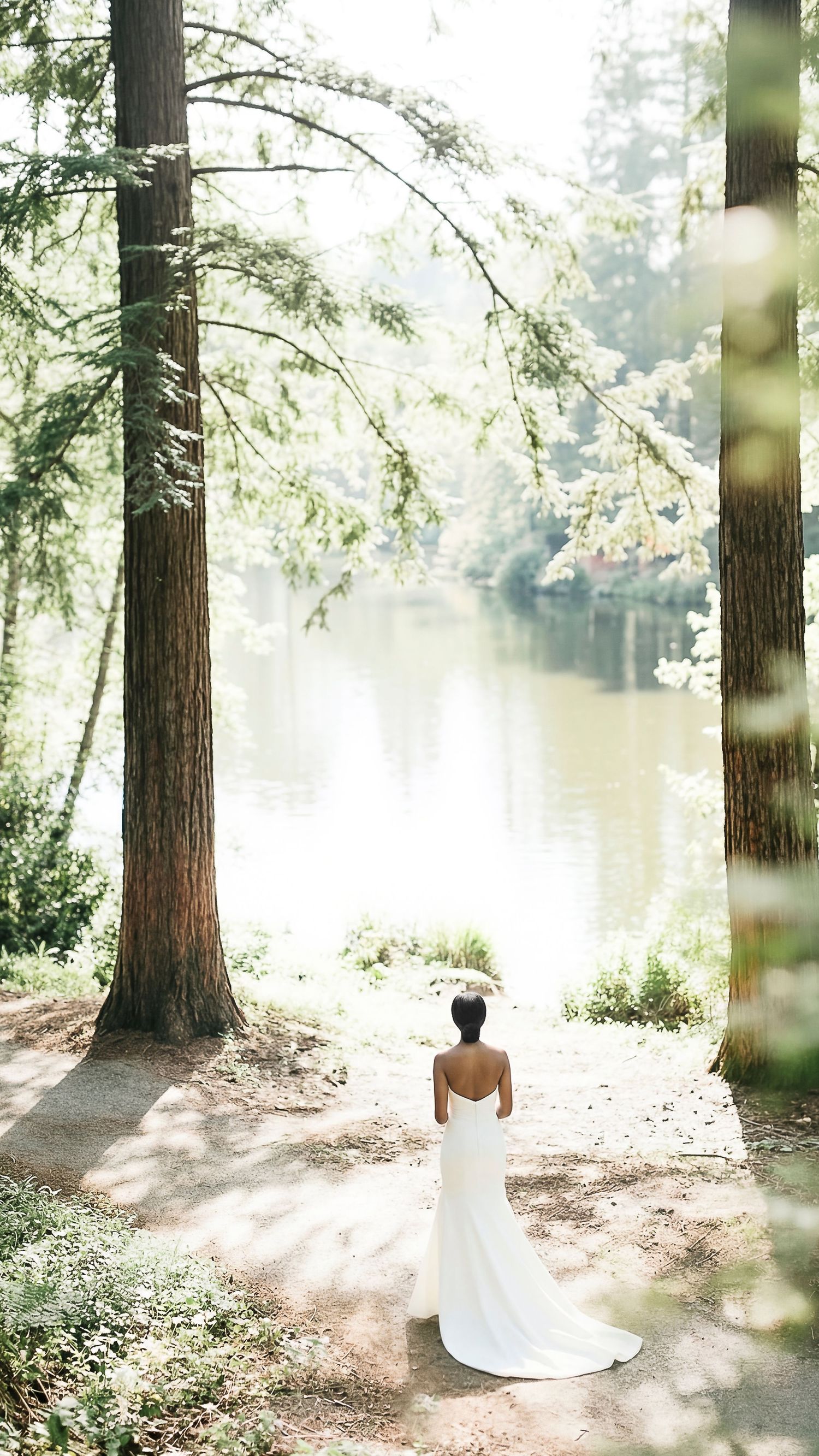 Bride in white gown standing between tall trees facing a serene forest lake on her wedding day.