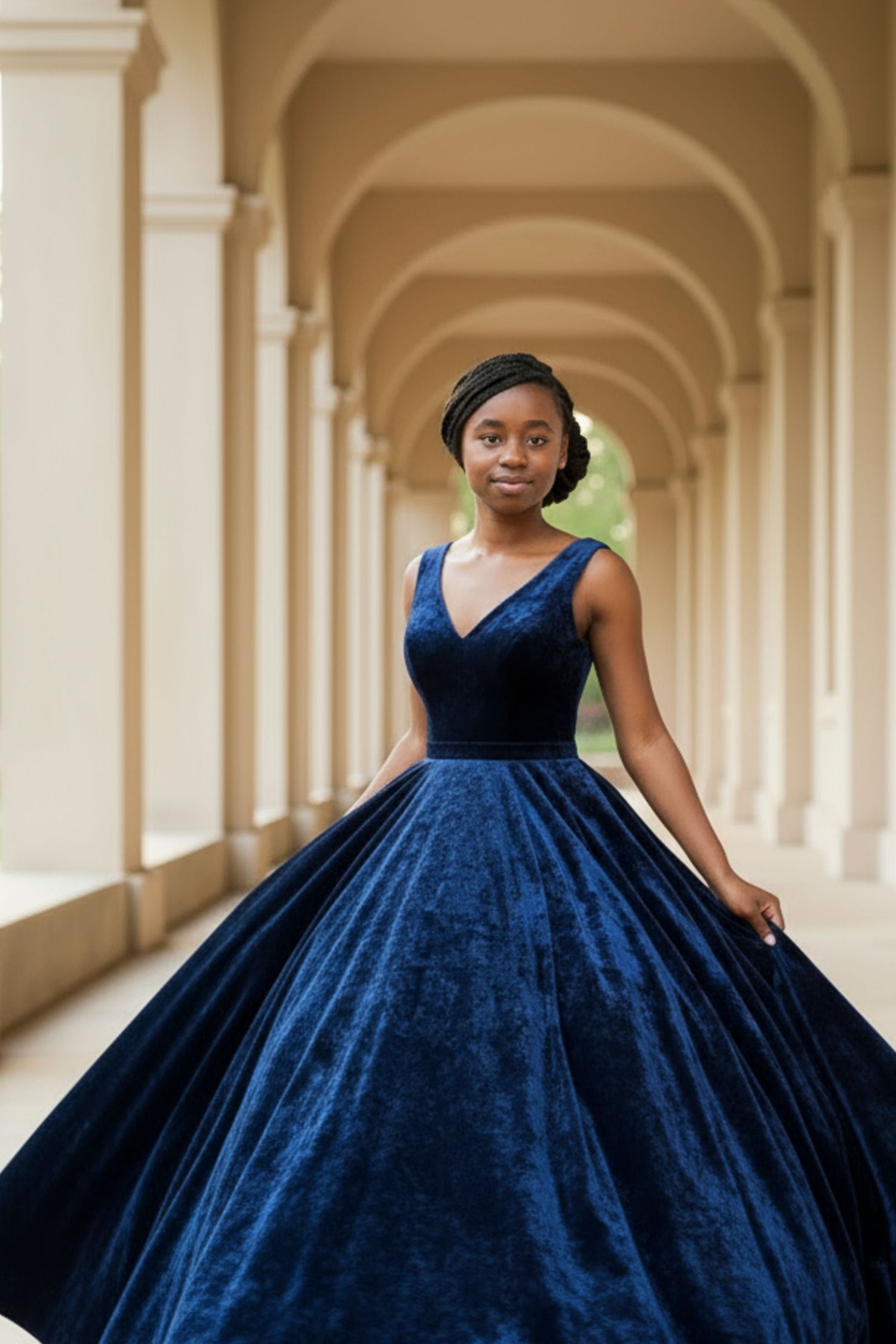 Young woman in elegant navy blue velvet ball gown poses gracefully in an arched colonnade hallway.