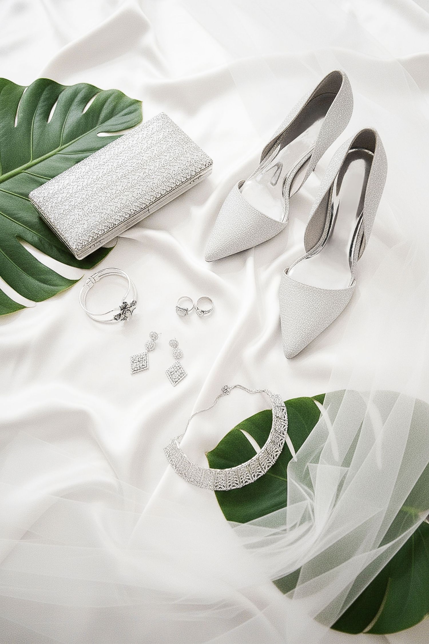 Elegant bridal accessories including silver heels, clutch, jewelry, and monstera leaves on white satin fabric.
