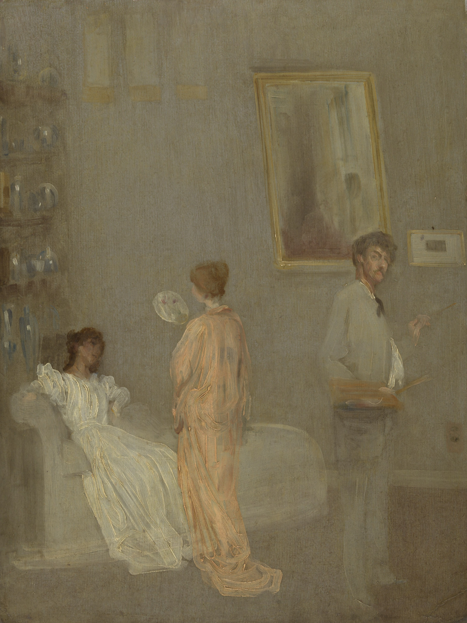A series of muted paintings showing two figures in white and pink dresses viewing artwork in a gallery setting.