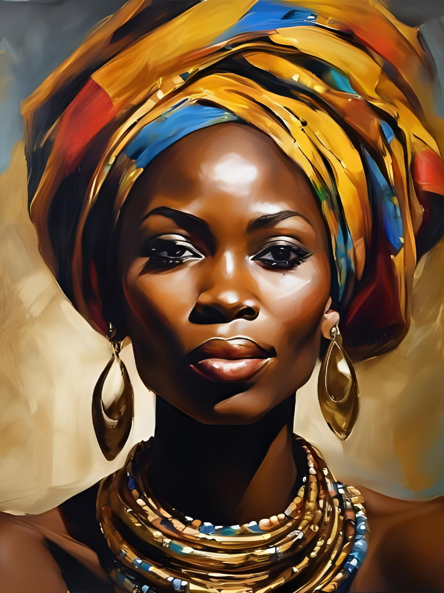 Vibrant digital art portrait showing figure in colorful head wrap with gold jewelry against warm abstract background.