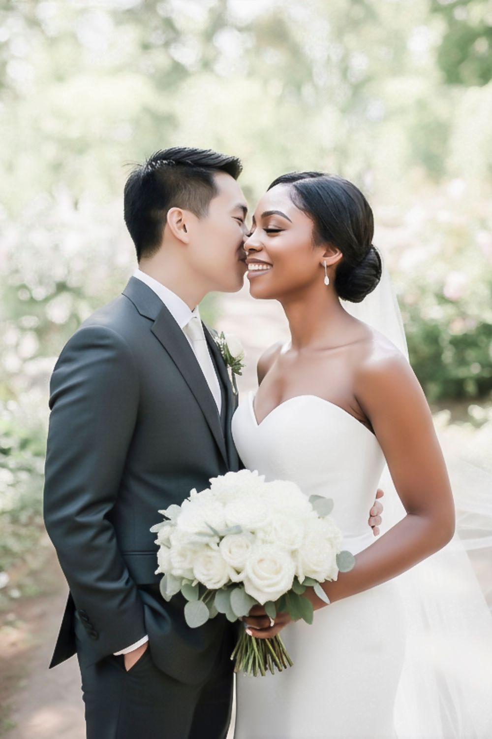 A joyful interracial couple shares a tender kiss on their wedding day, bride holding white roses bouquet in a garden.