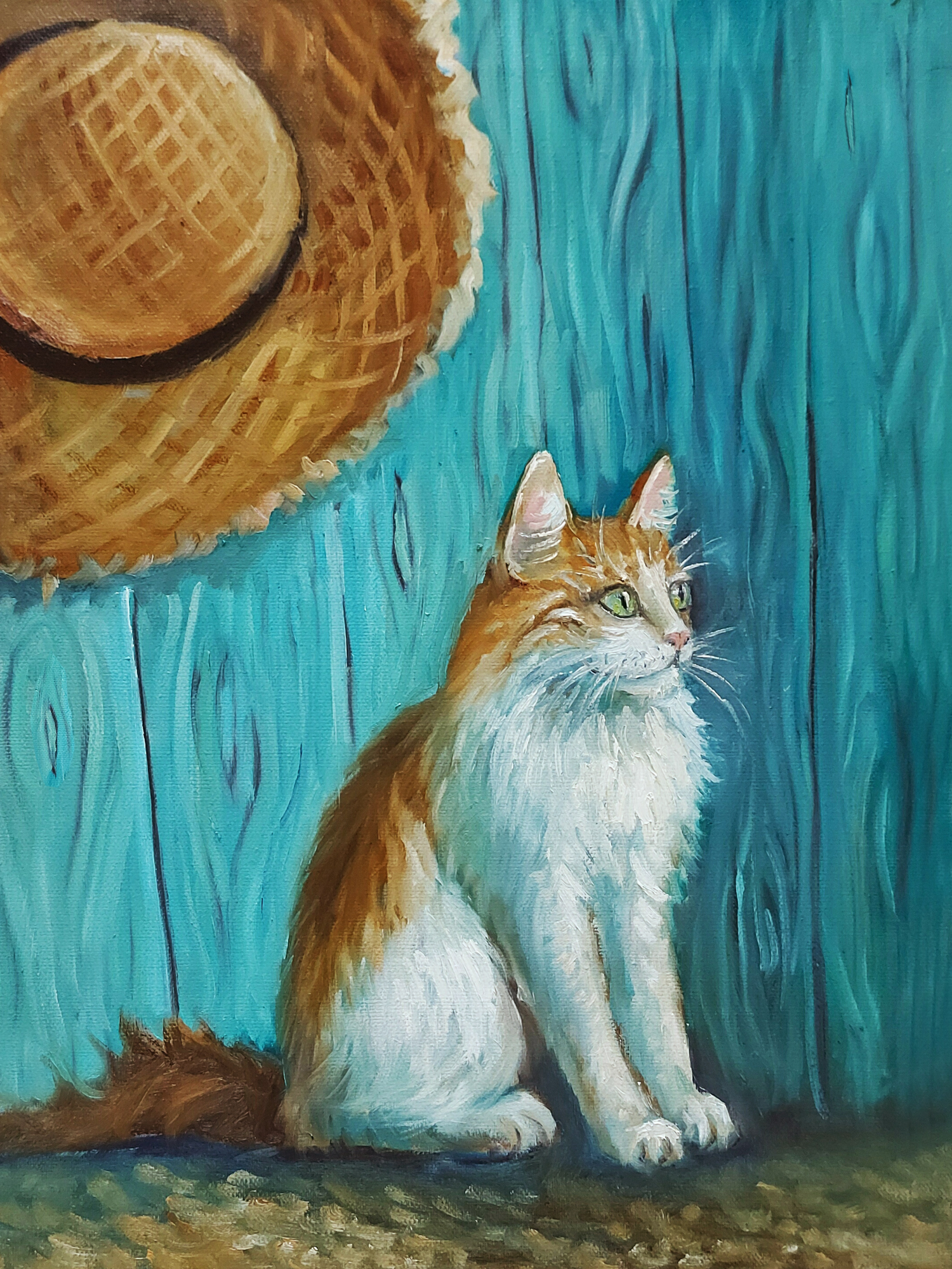 A white cat sits beneath a woven basket against a turquoise blue wall in a folk art style painting.