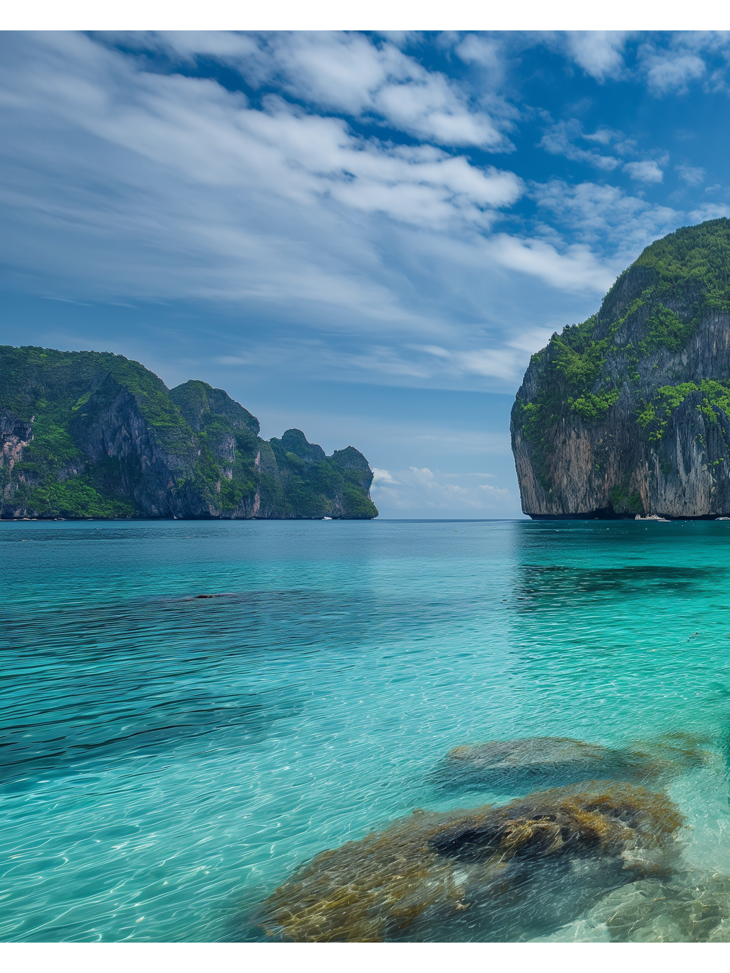 Crystal clear turquoise waters meet dramatic limestone cliffs in Thailand's stunning Phi Phi Islands tropical paradise.
