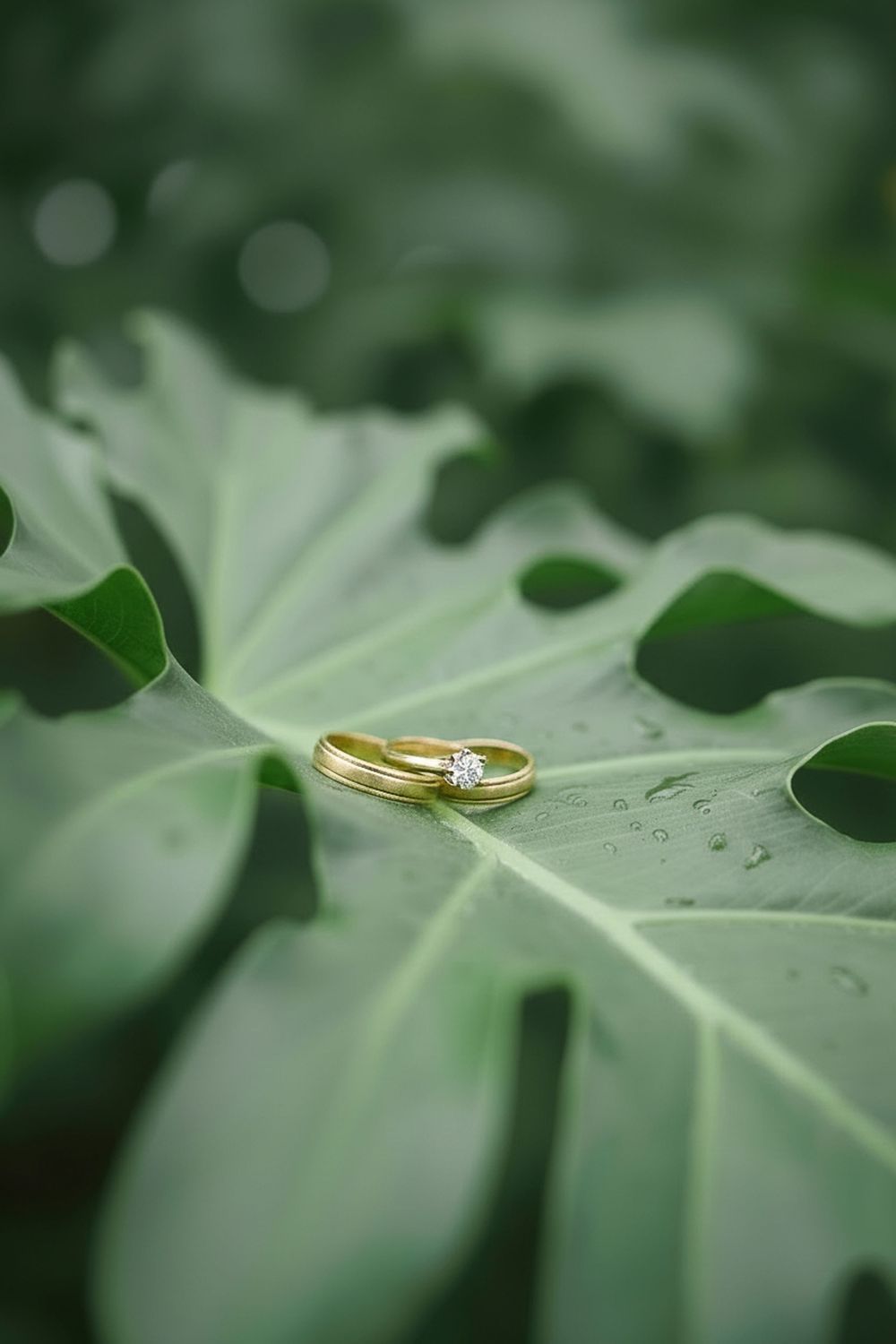 Two gold wedding rings, one with a diamond, resting on a large green tropical leaf with water droplets.