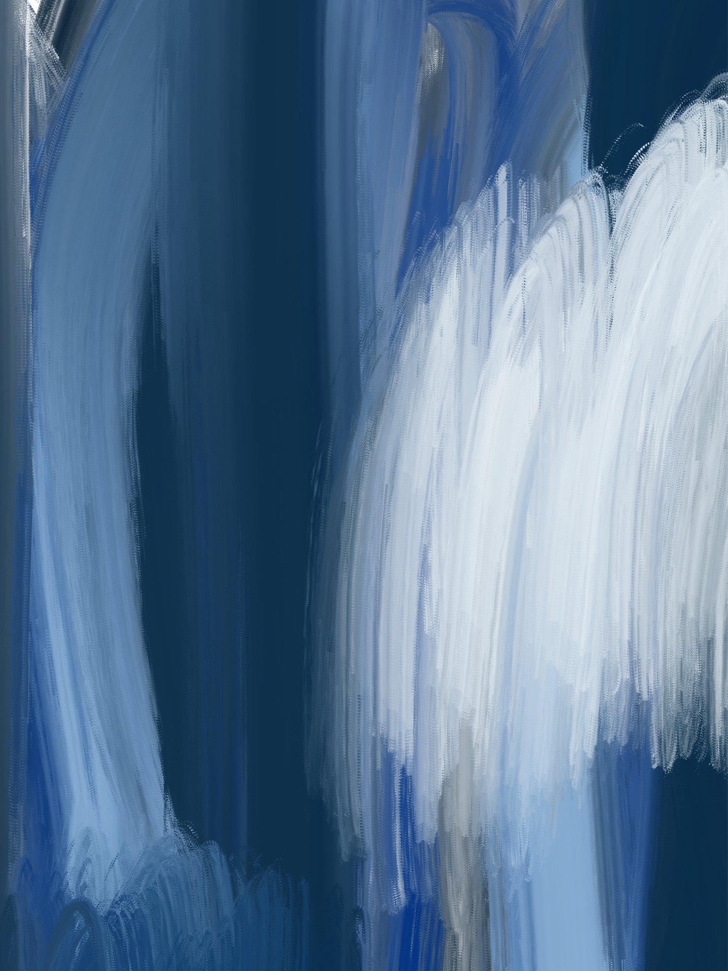 Abstract blue and white brushstroke painting with vertical motion creates a dynamic contemporary art composition.