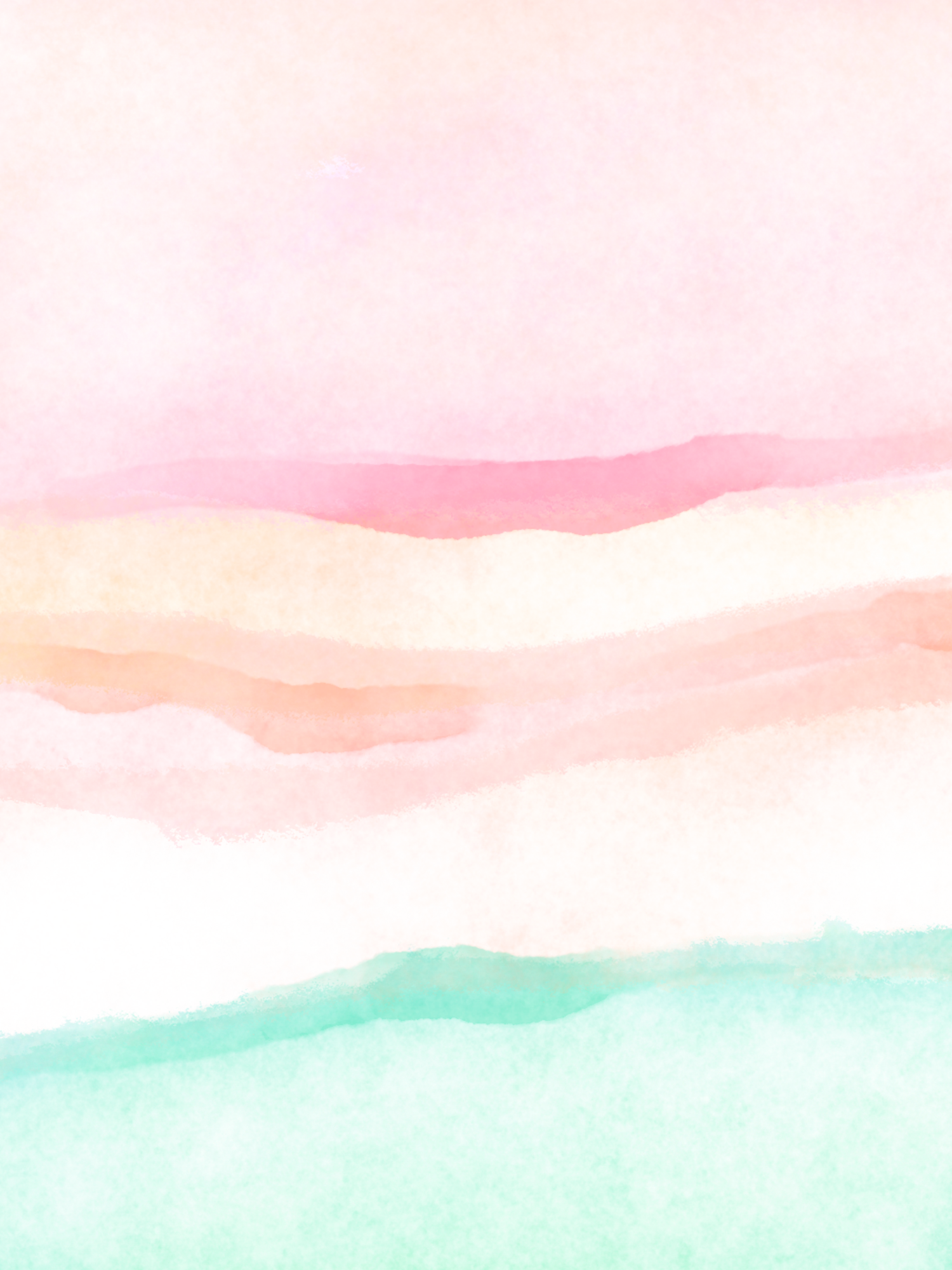 Abstract watercolor painting in soft pastel shades of pink, peach and mint green creating a dreamy layered horizon effect.