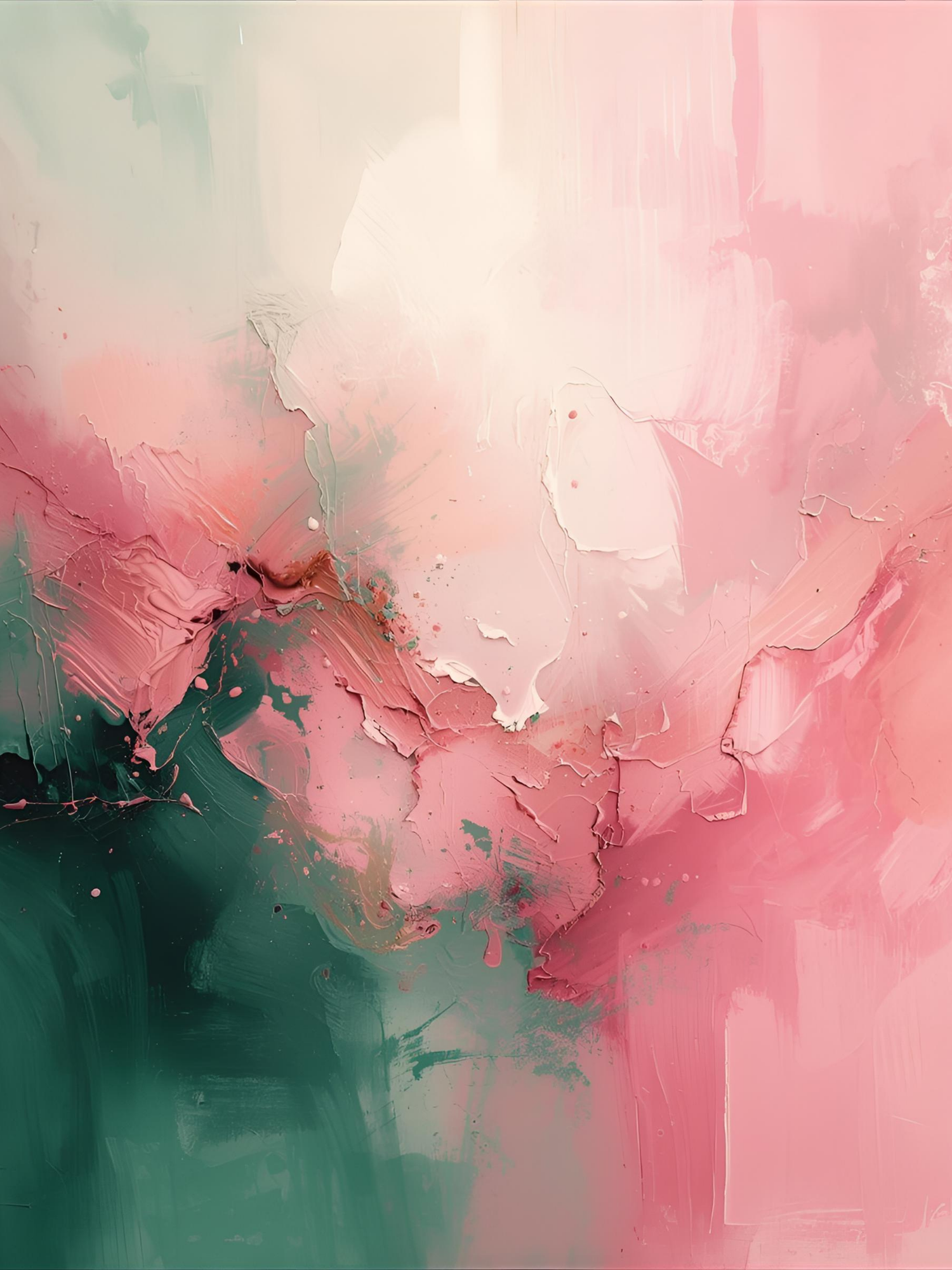 Abstract art featuring soft pink clouds blending with deep emerald green tones in a dreamy watercolor style.