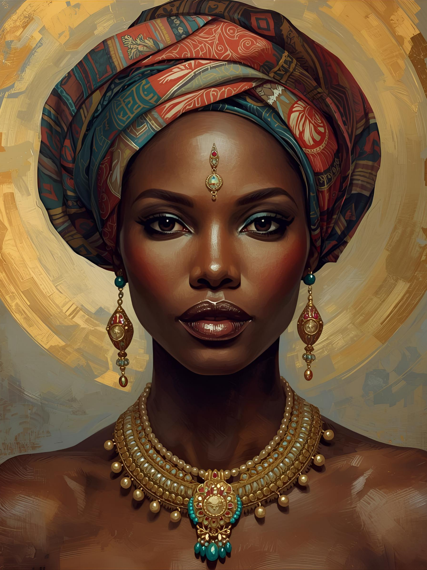 Traditional African-inspired artwork showing figure wearing ornate gold jewelry and headwrap against golden background.