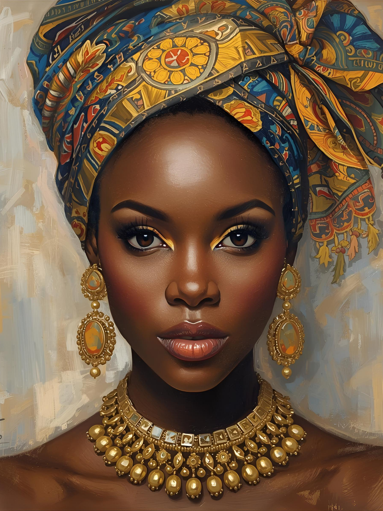 Beautiful African-inspired portrait featuring vibrant yellow and blue head wrap with ornate gold statement necklace.