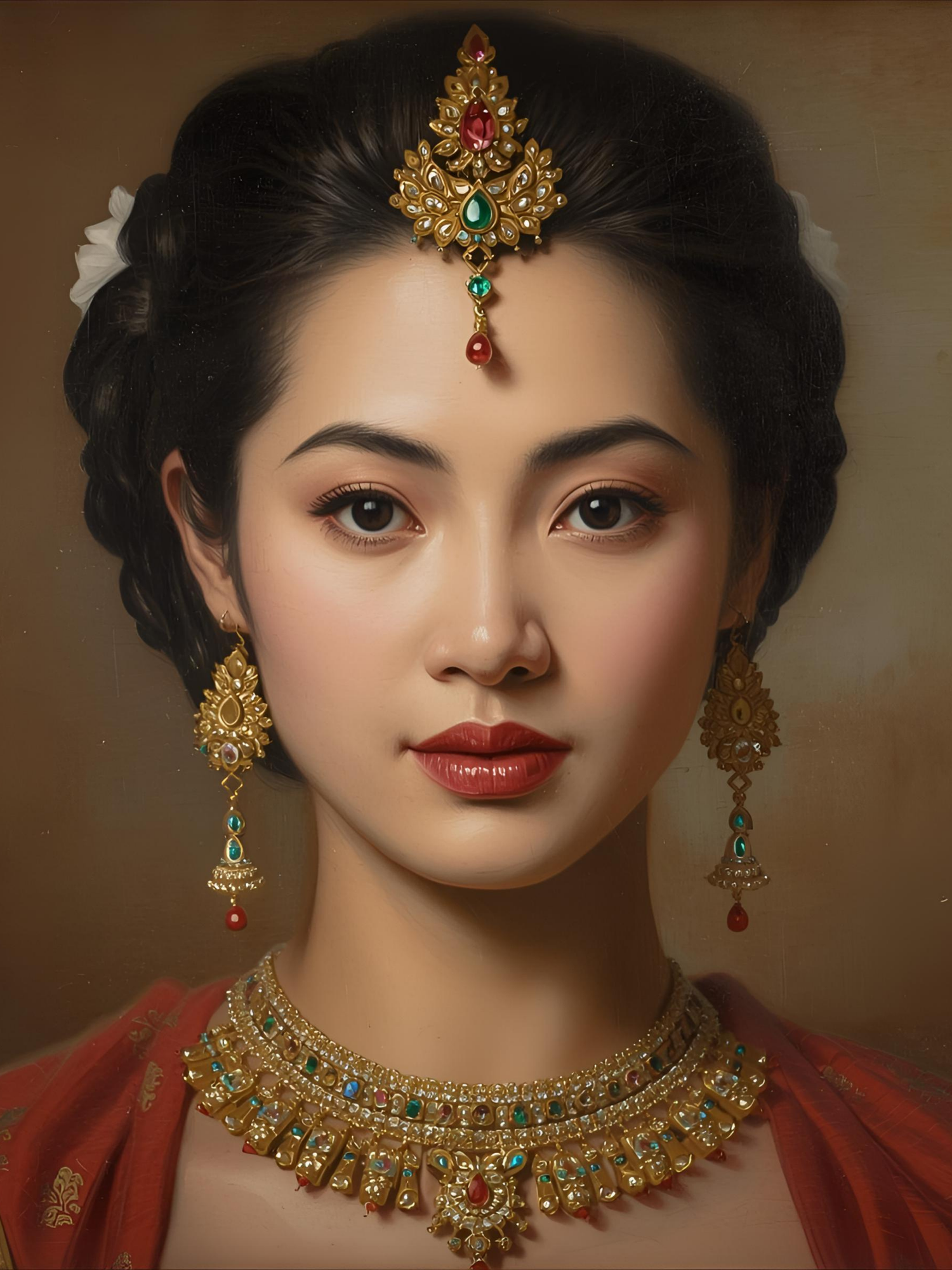 Traditional South Asian bridal jewelry and makeup featuring ornate gold necklace, earrings and forehead tikka in rich red tones.