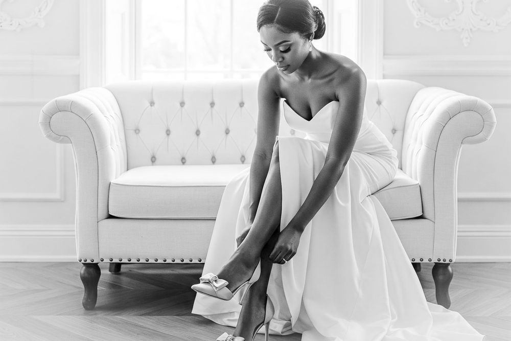 A couple sits on their wedding day in an elegant white room in matching formal attire and white decor.