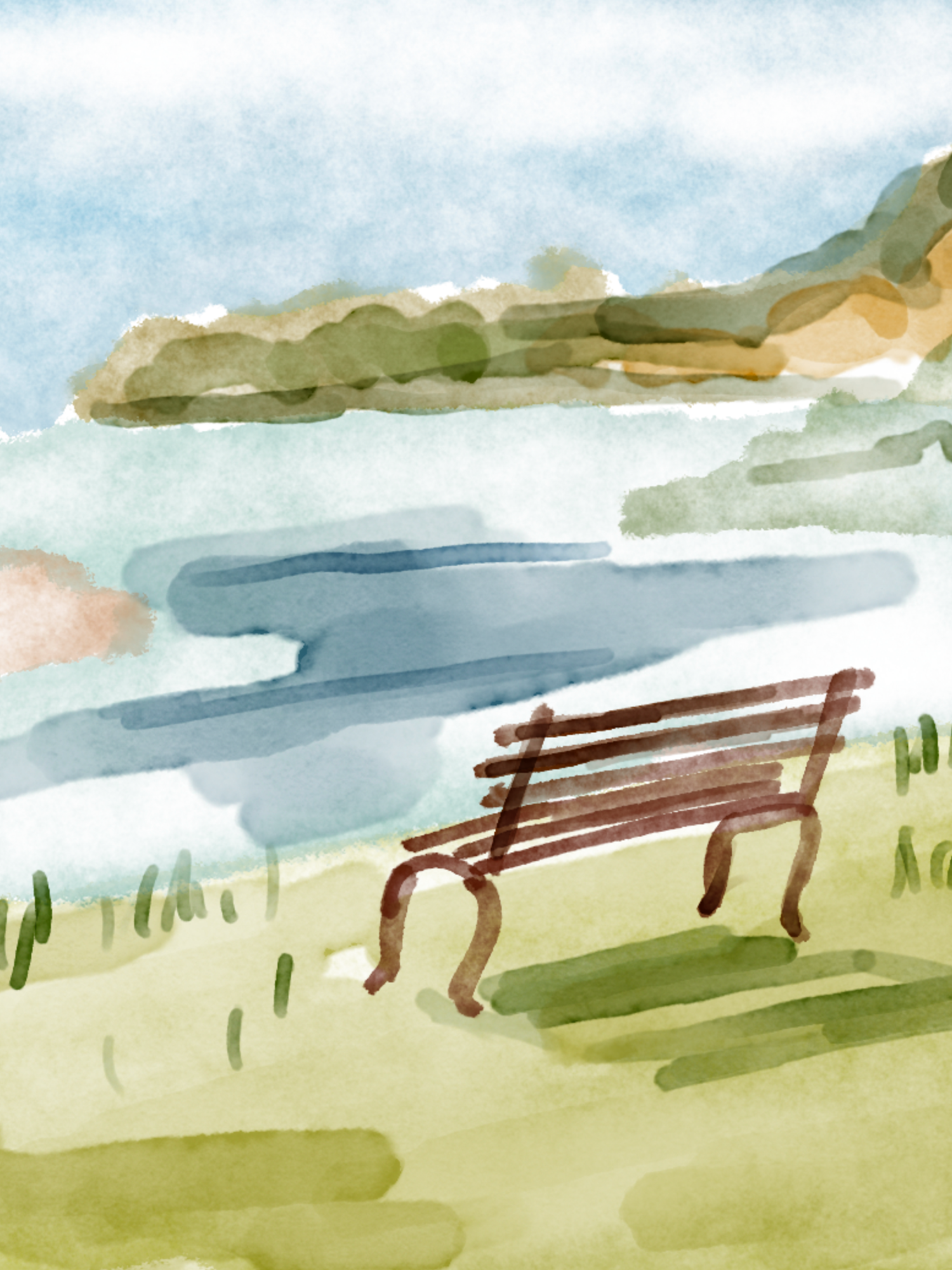 A minimalist watercolor landscape painting shows rolling hills and fences against a cloudy sky in muted earth tones.