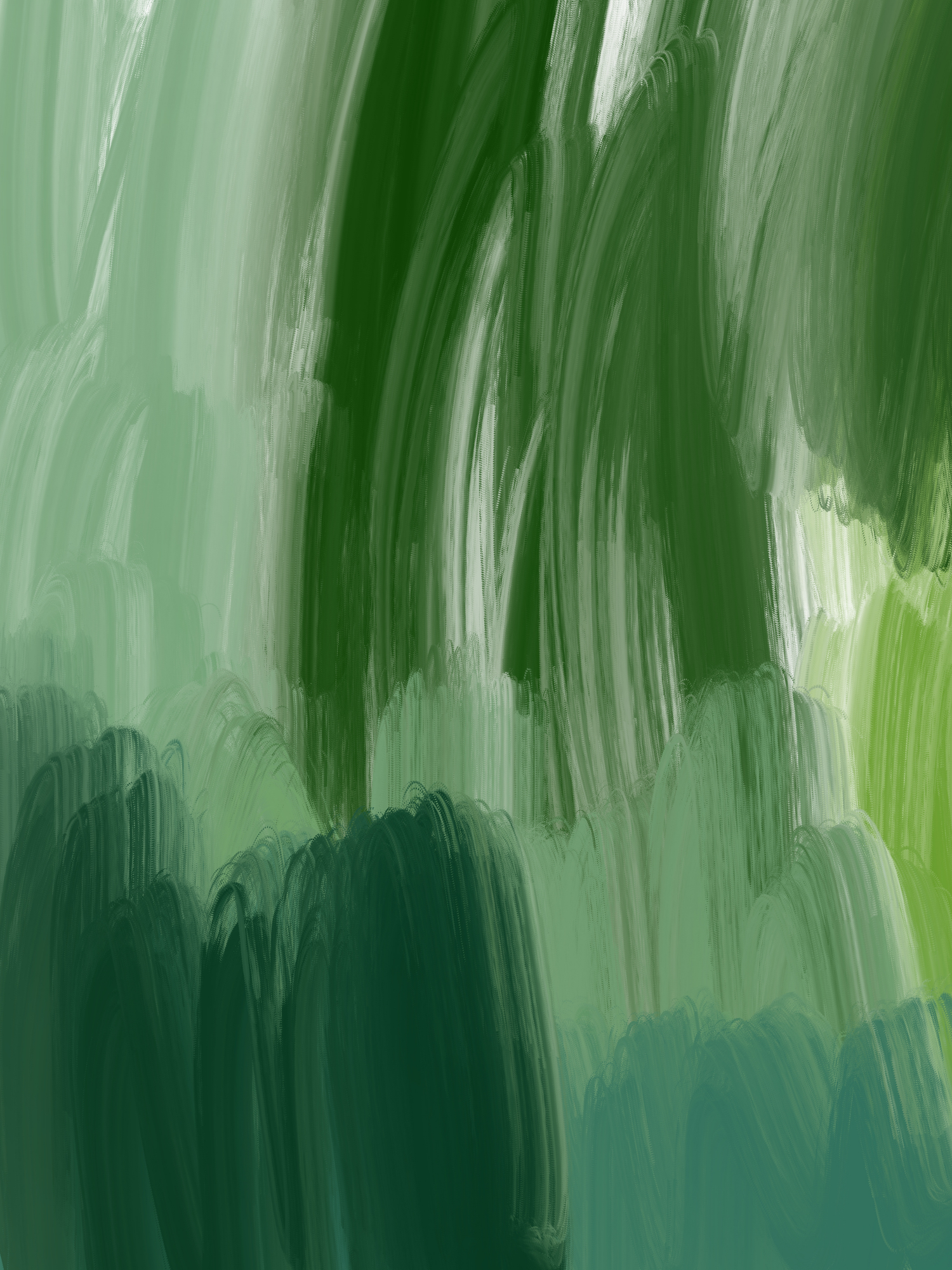 Abstract green brushstrokes create a vertical motion effect against a light background in this artistic painting.