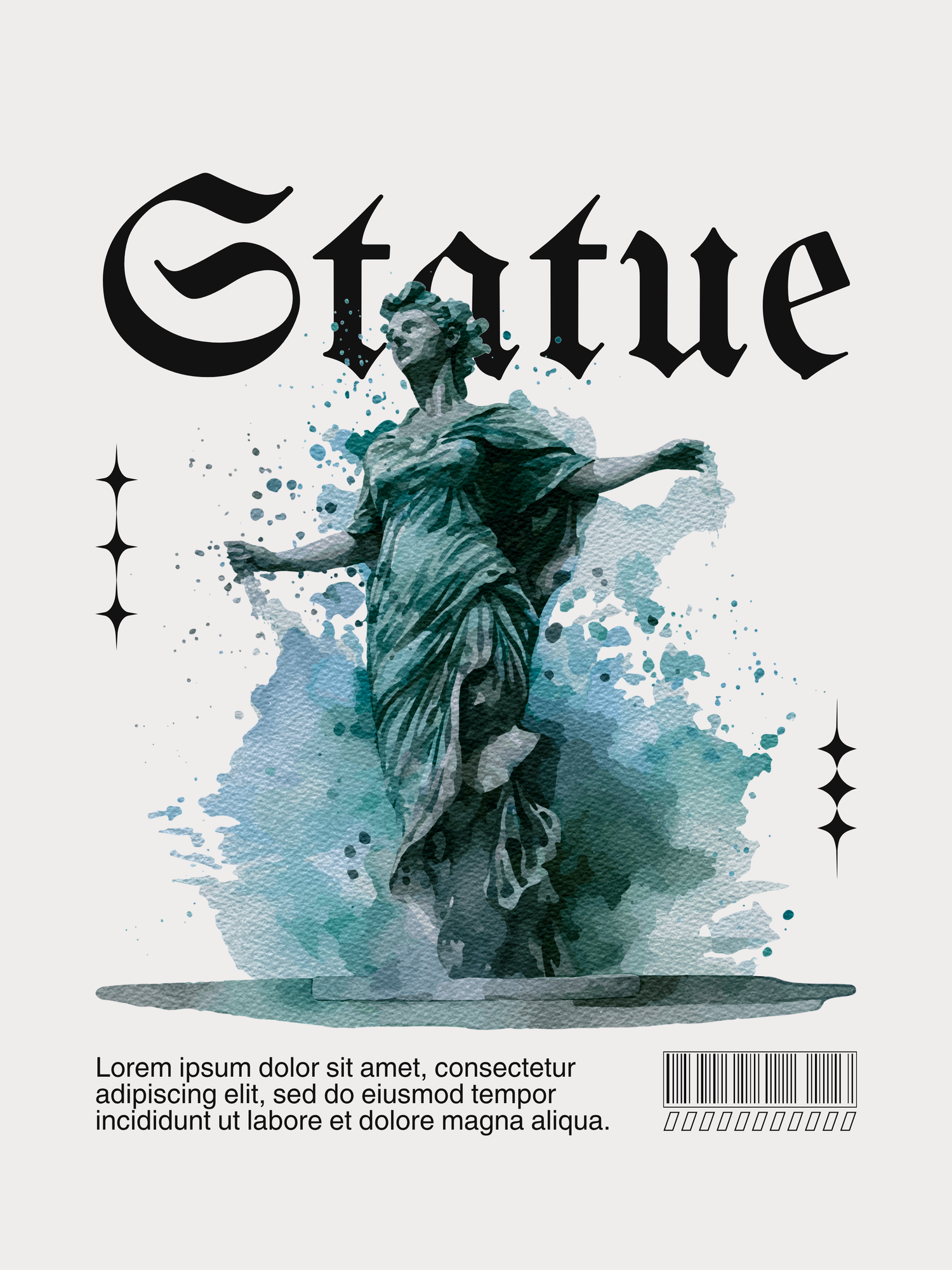 Abstract teal watercolor statue design with splatter effects creates an artistic magazine cover layout.