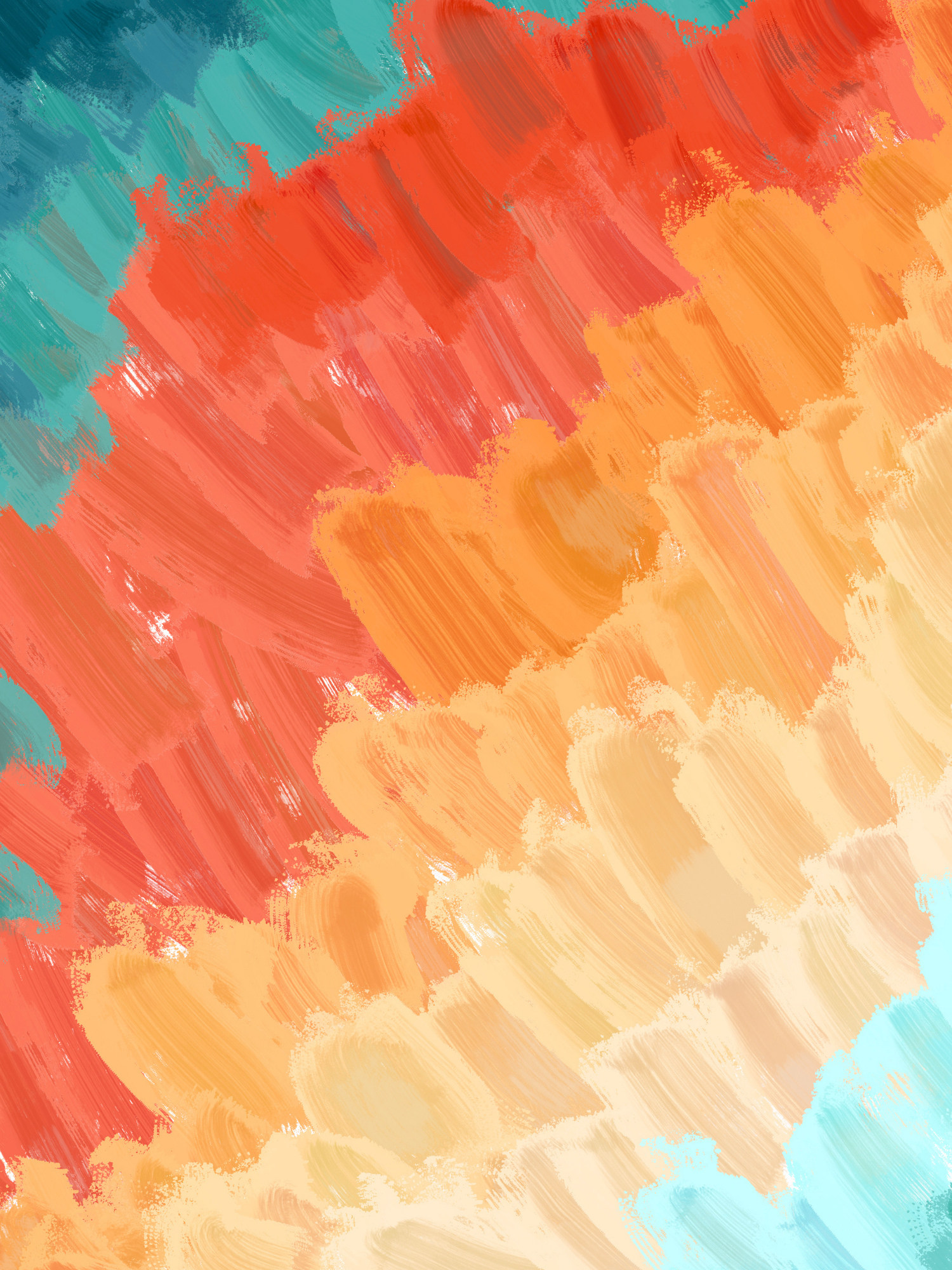 Abstract watercolor painting with diagonal brushstrokes in turquoise, coral red, and warm peach tones blending together.