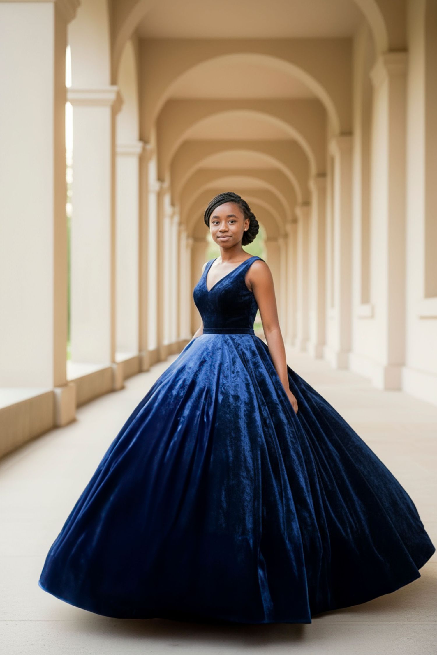 A person in a flowing navy blue ballgown poses elegantly in a colonnade hallway with arched architecture.