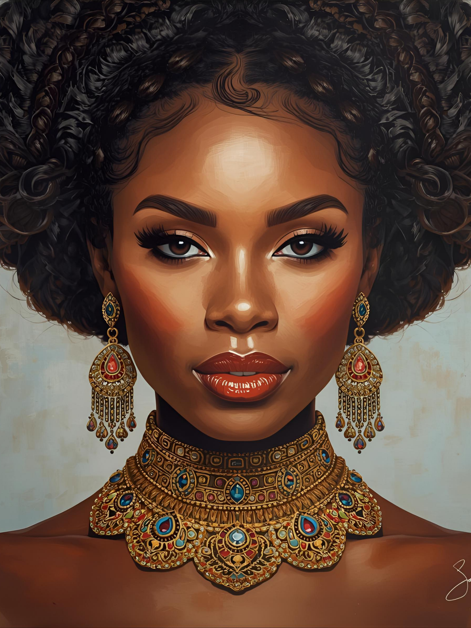 Digital art illustration featuring ornate gold jewelry with turquoise gems against dark skin and rich brown curly hair.