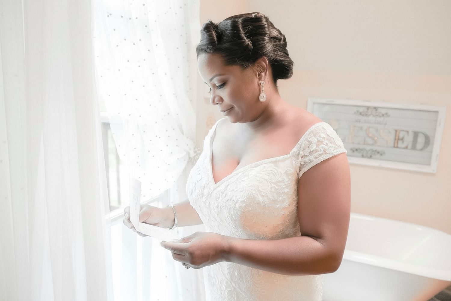 Bride in lace wedding gown reading a letter by a sunlit window on her wedding day.