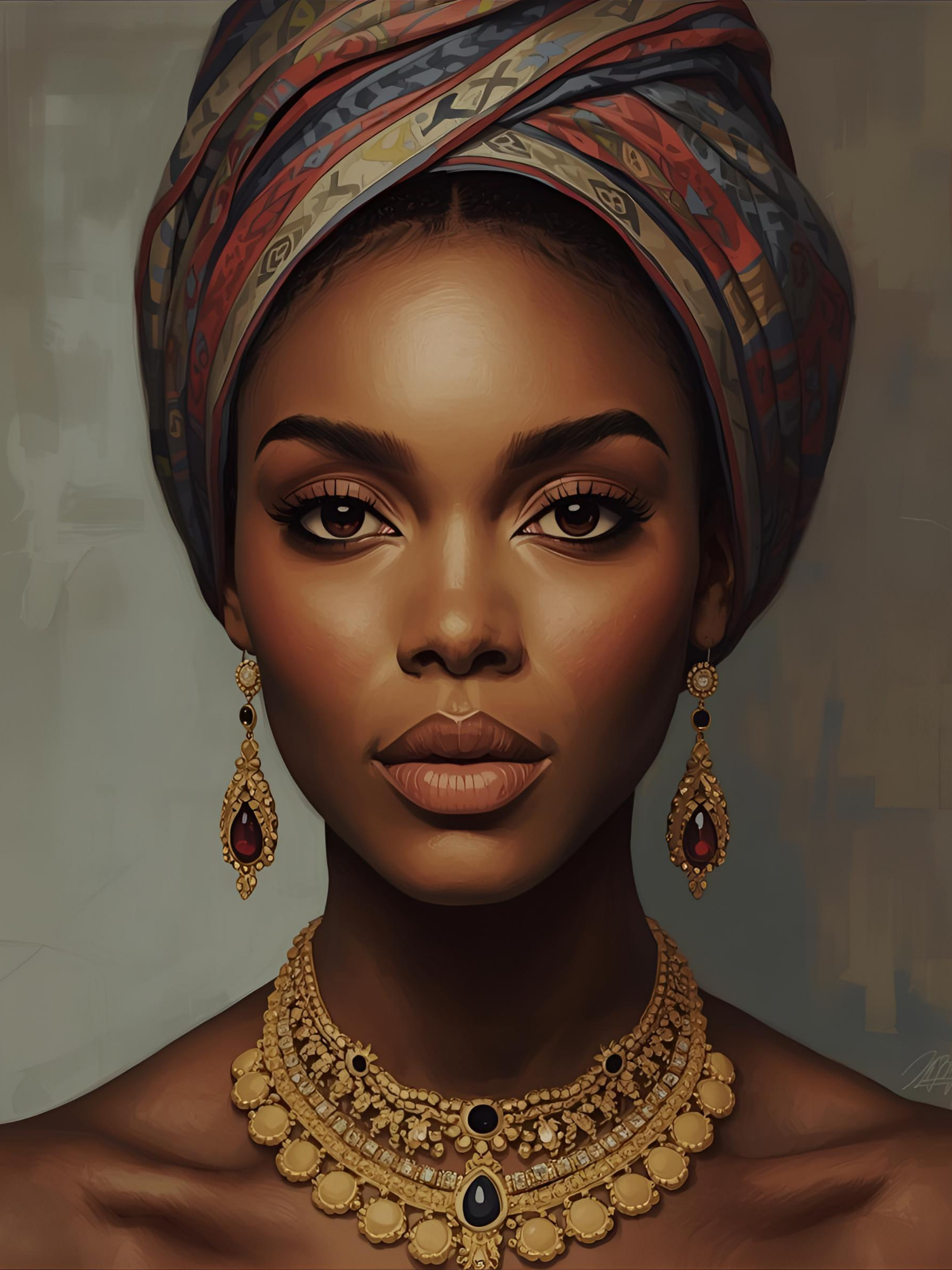 Portrait series showing traditional African headwrap and ornate gold jewelry against dark background.