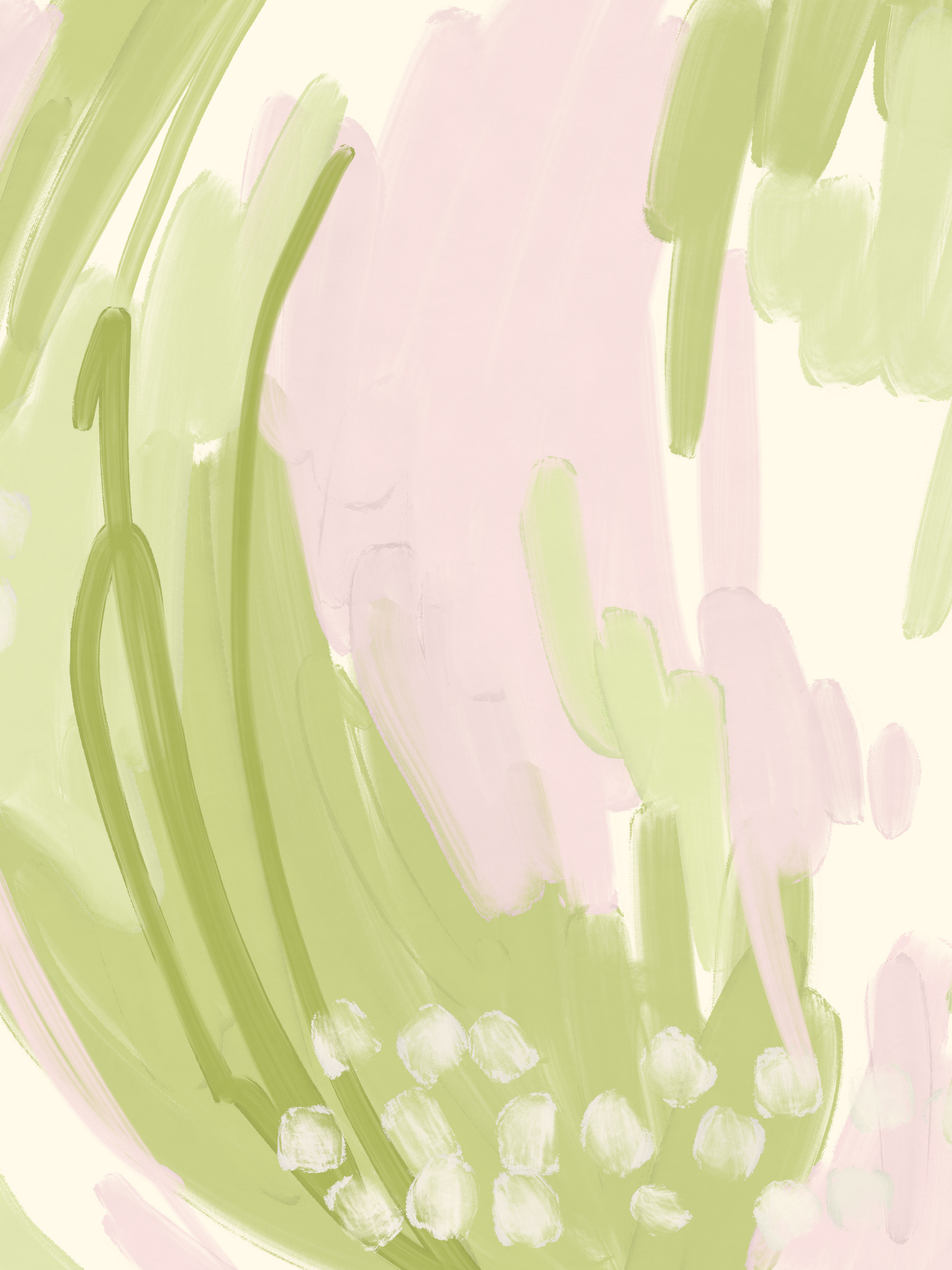 Abstract watercolor painting with soft pink and light green brushstrokes creating a gentle flowing pattern.