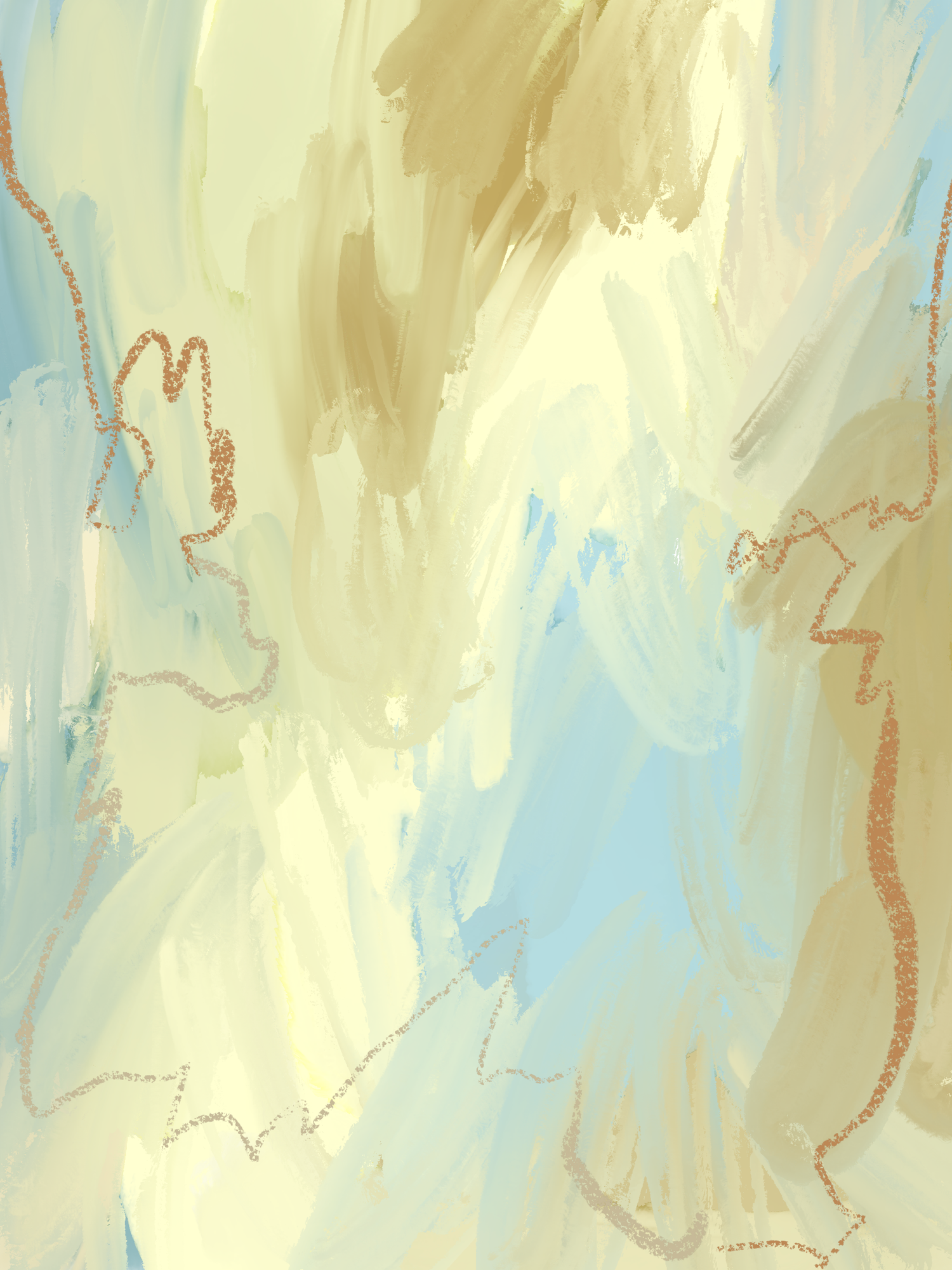 Abstract watercolor painting in soft beige and blue tones with subtle coral accents creates a dreamy ethereal effect.
