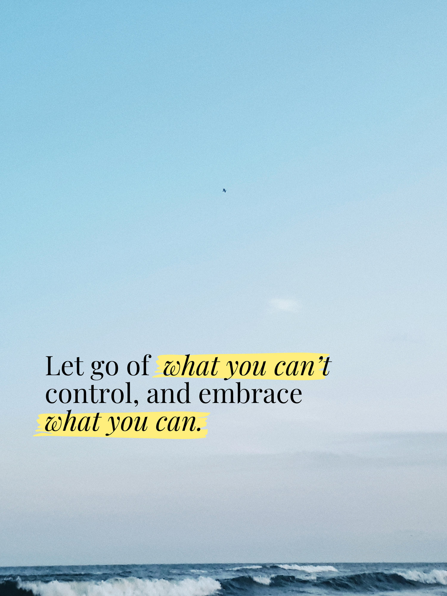 Inspirational text overlaid on a serene ocean horizon view with blue sky reads 'Let go of what you can't control and embrace'.