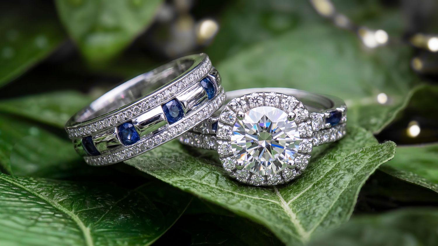 Two elegant rings on green leaves, featuring diamonds and sapphires in silver settings.