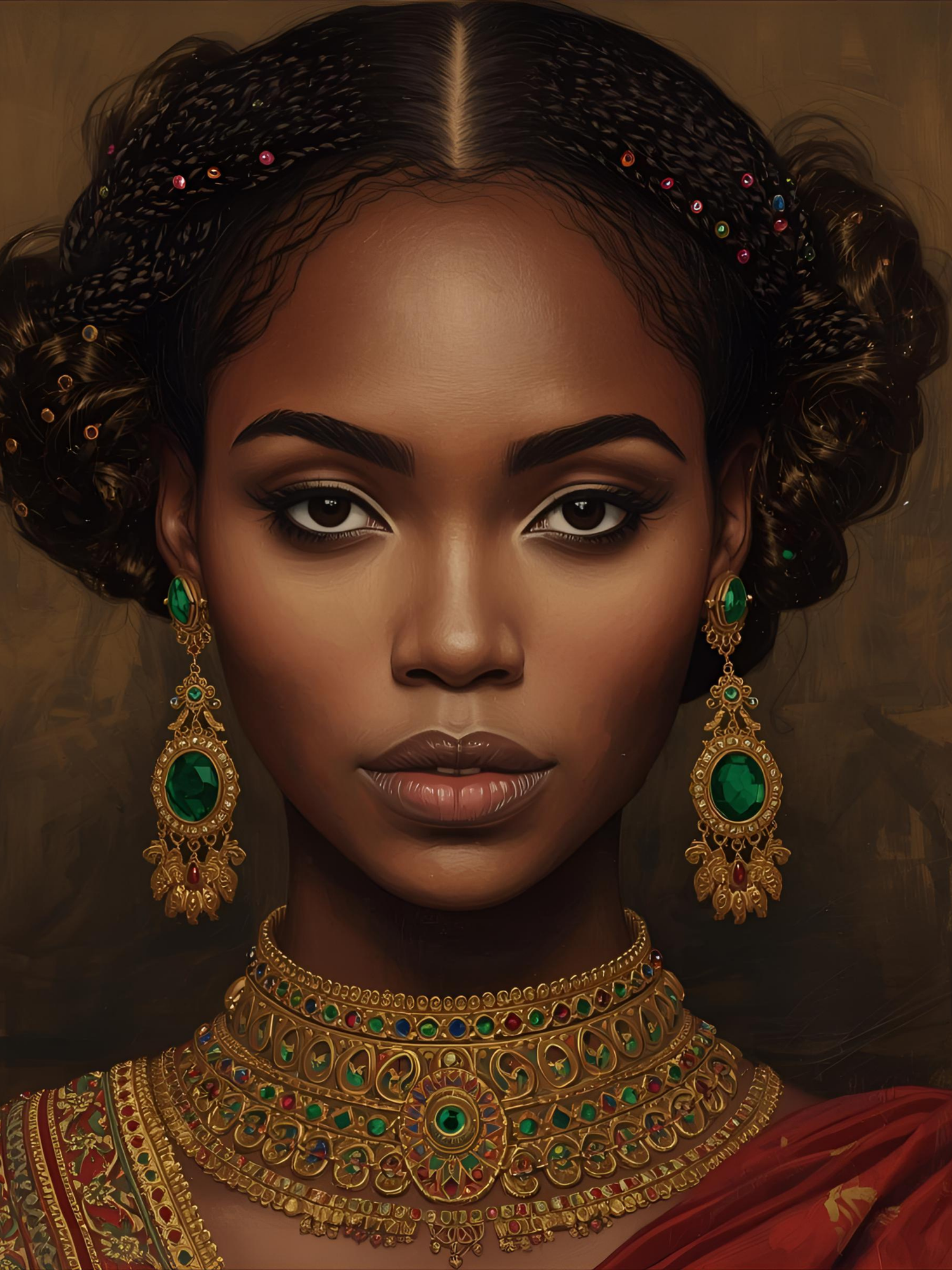 Ornate traditional Indian bridal jewelry featuring emerald and gold choker necklace with matching chandelier earrings.