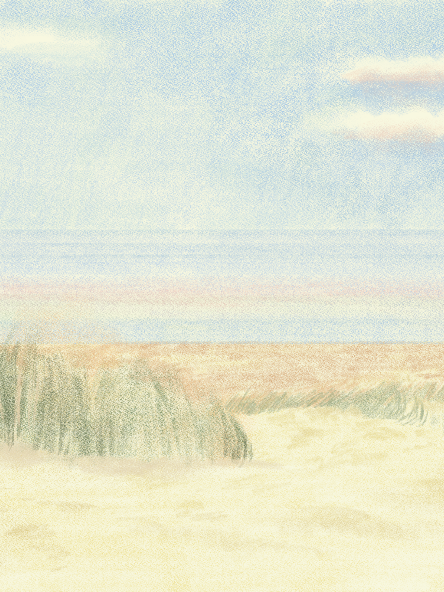 A panoramic view of a vast desert landscape with rolling sand dunes stretching to the horizon under a bright blue sky.