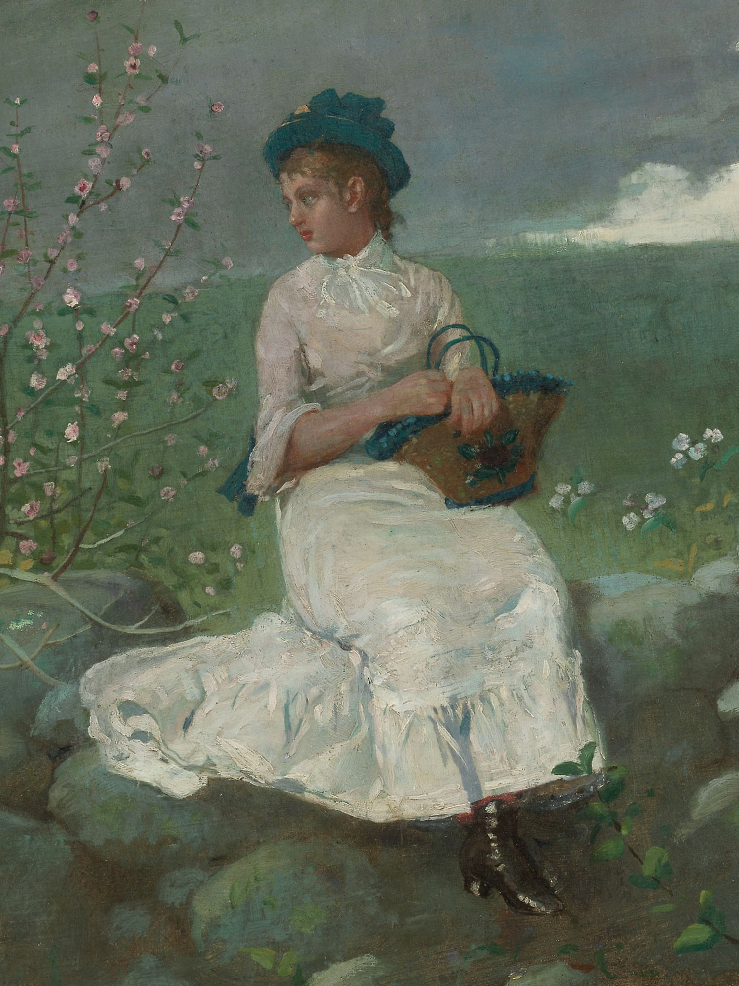 A figure in a white dress and hat sits among blooming cherry blossoms against a moody sky in this vintage painting.
