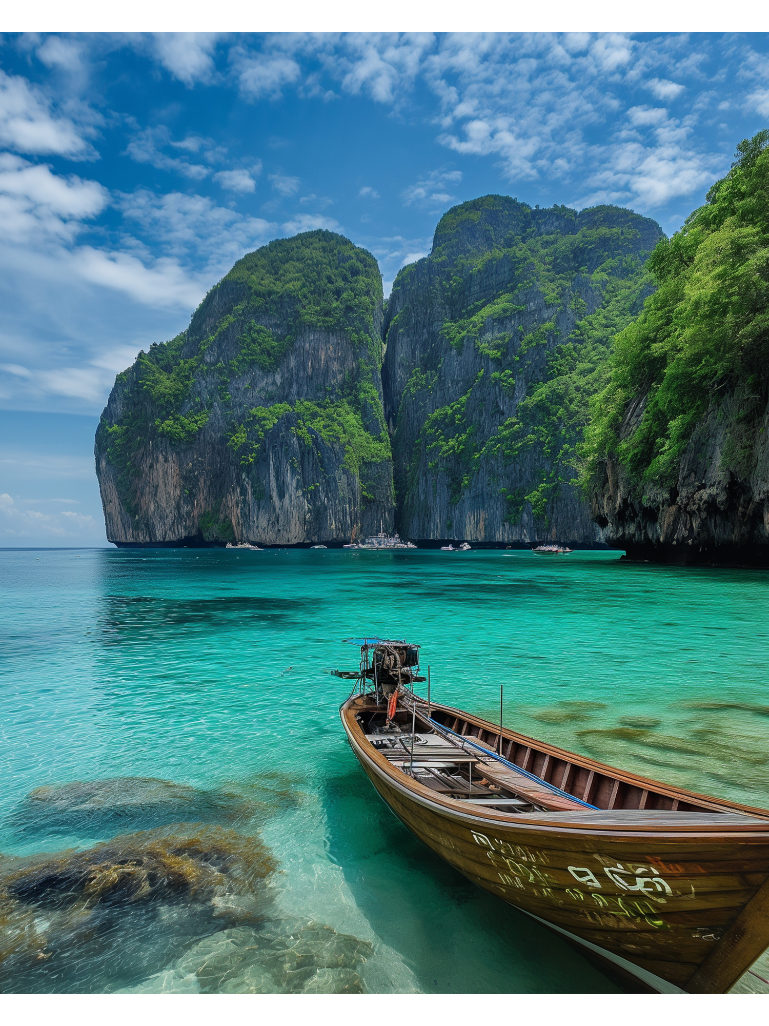 Traditional longtail boat anchored in crystal clear turquoise waters near towering limestone cliffs in Phi Phi Island, Thailand.