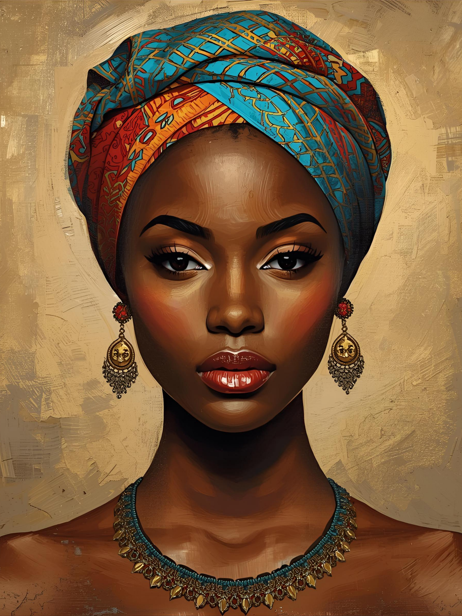 Digital art portrait series showing traditional African head wraps in turquoise and orange with ornate gold jewelry.