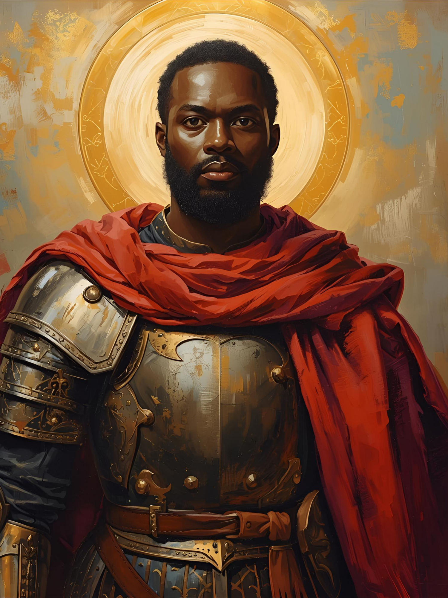 A medieval warrior in shining armor and flowing red cloak stands regally against a golden halo background.