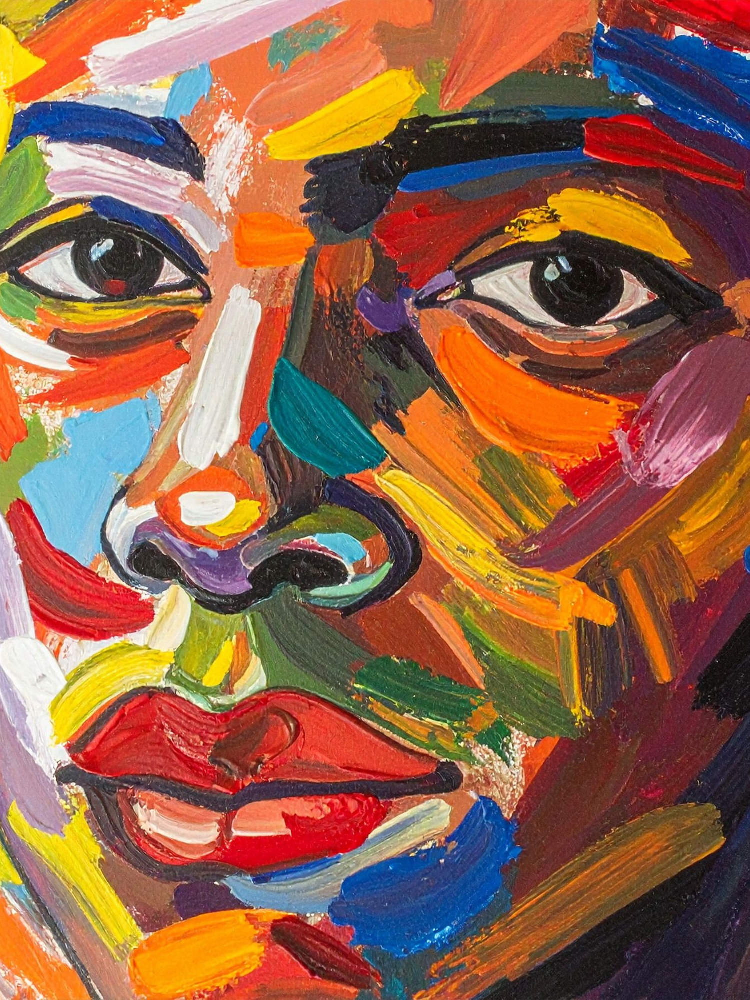 Abstract portrait painting with bold brushstrokes in vibrant colors of orange, blue, yellow and red creating an expressive face.