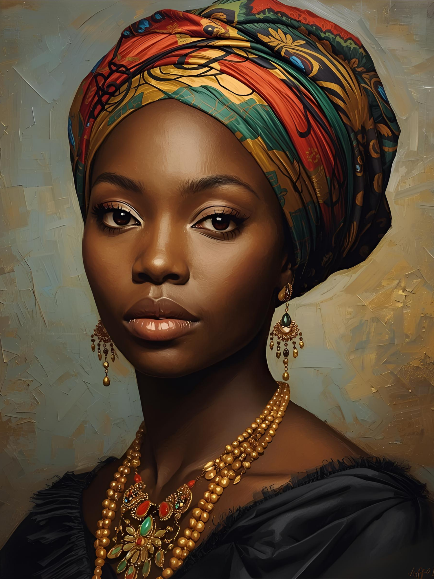 Portrait in traditional African headwrap and jewelry with beaded necklaces and ornate earrings against textured background.