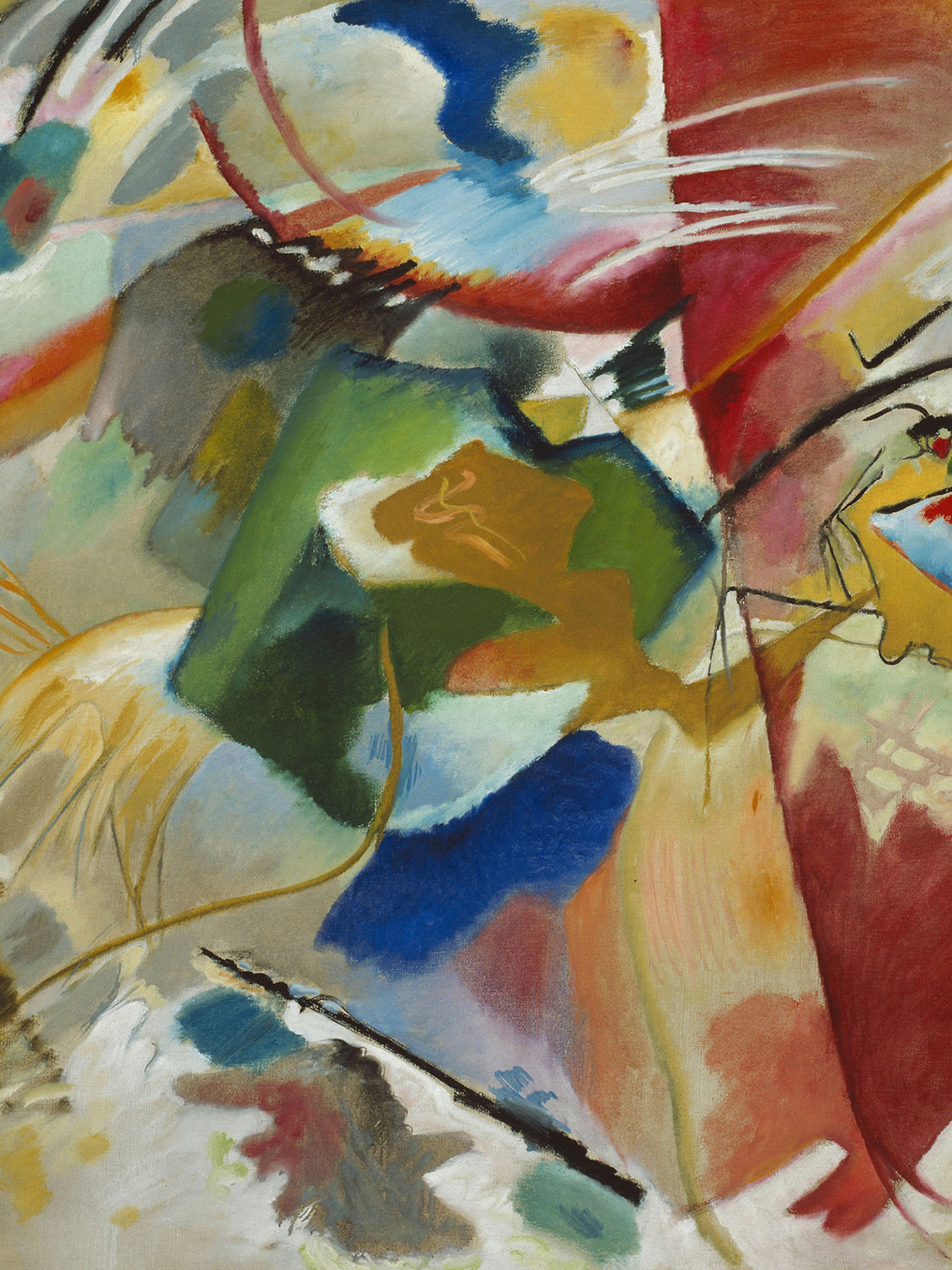 Abstract expressionist painting with vibrant swirls of blue, red, and yellow colors creating a dynamic, flowing composition.
