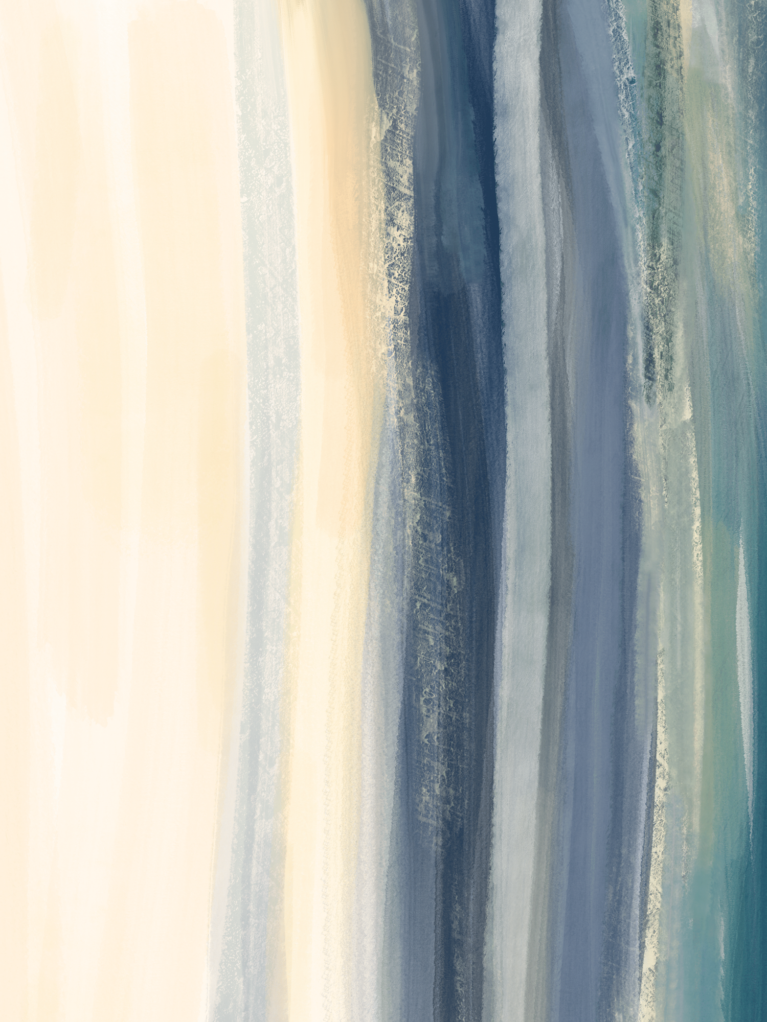Abstract painting with vertical stripes in shades of navy blue, white, and teal creating a serene coastal mood.