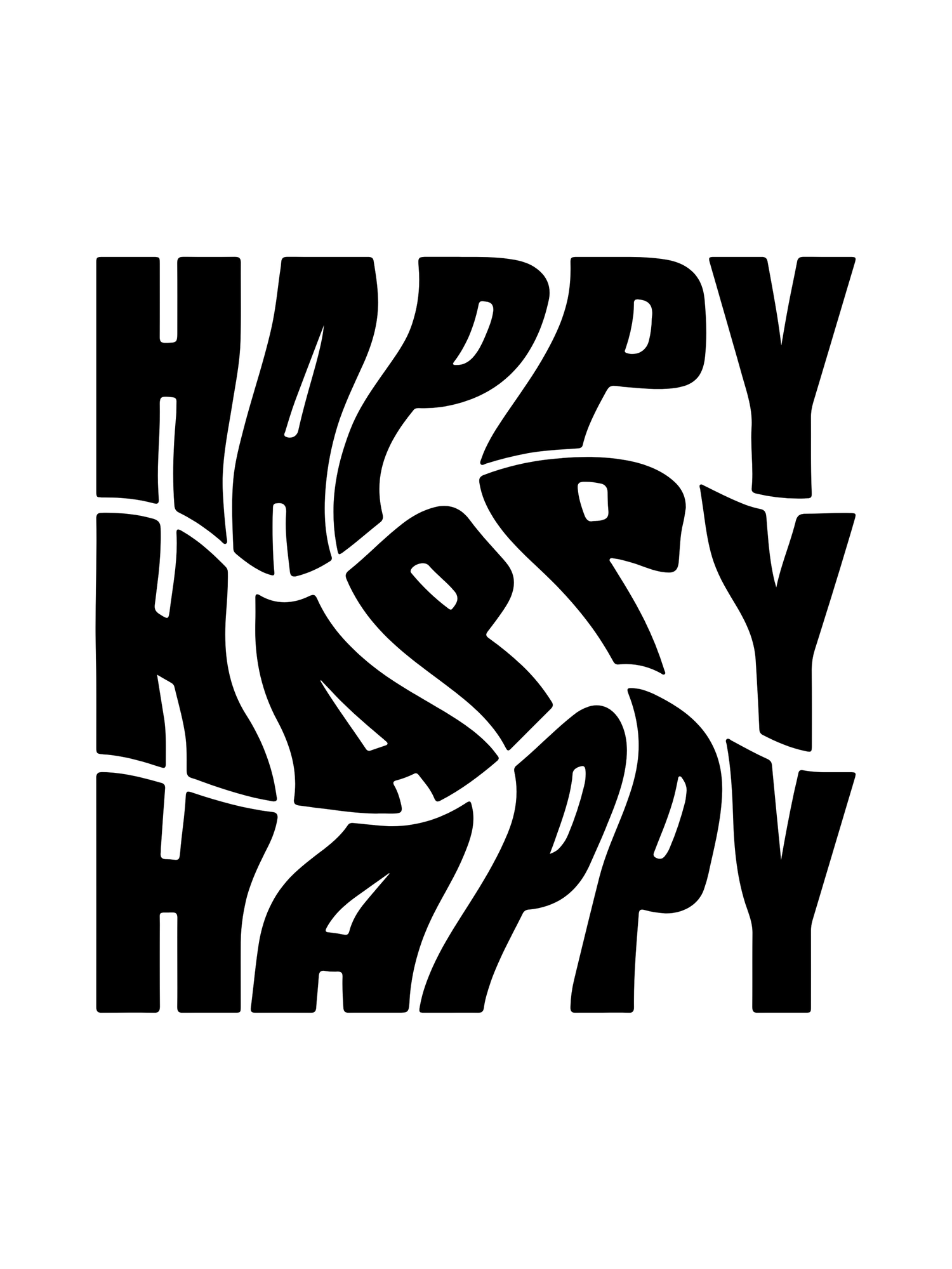 Stylized text design showing the word 'HAPPY' repeated in black bold letters with different artistic treatments.